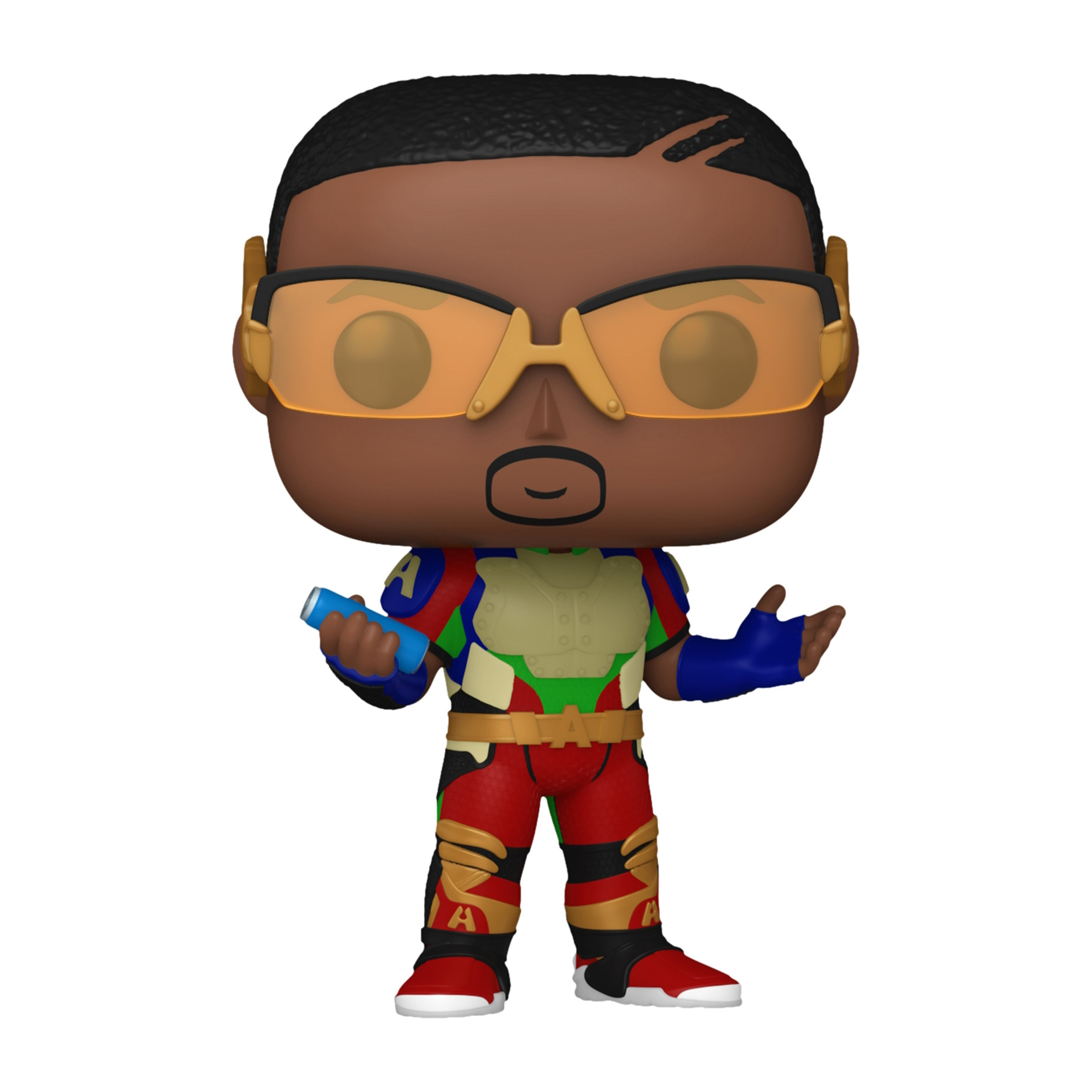 Funko Pop-Figur eines Superhelden mit orangefarbener Brille und farbenfrohem Outfit.