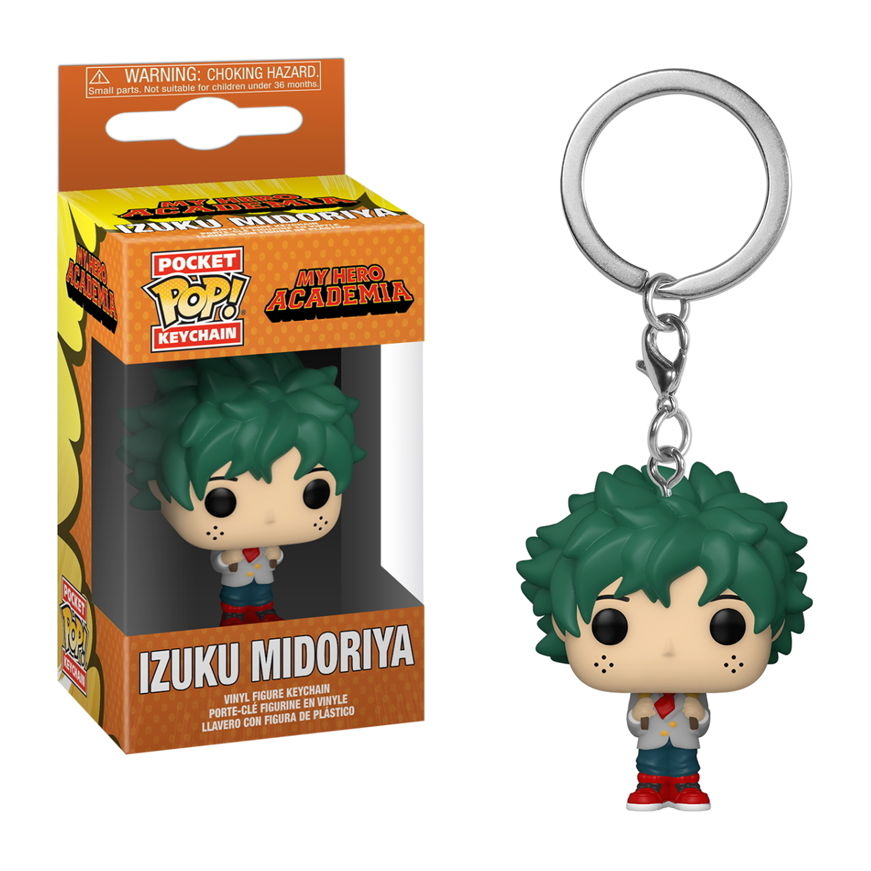 Figurina portachiavi Izuku Midoriya in scatola. Capelli verdi, uniforme scolastica, scarpe rosse.