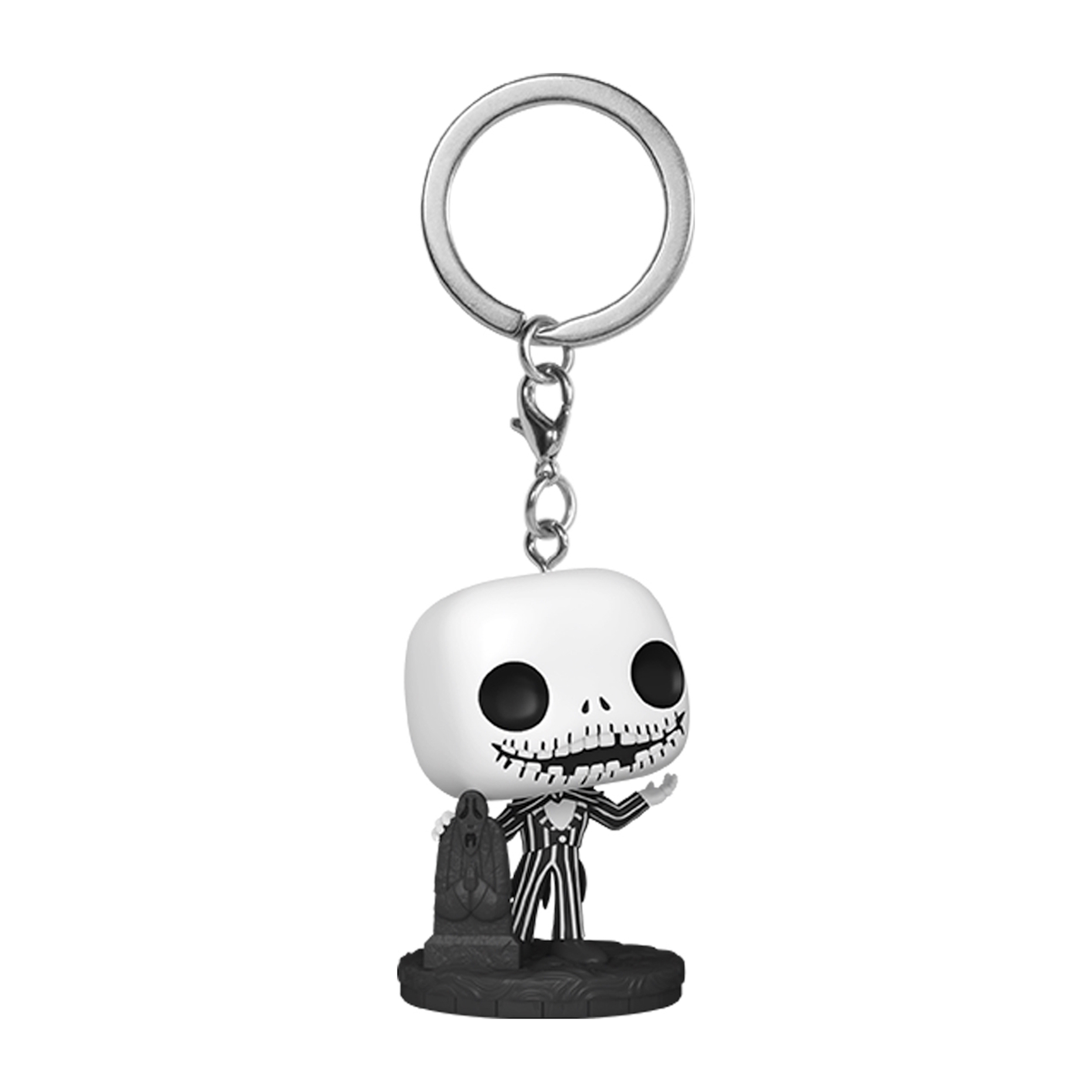 Figura de llavero de Jack Skellington con base negra. Está frente a una lápida.