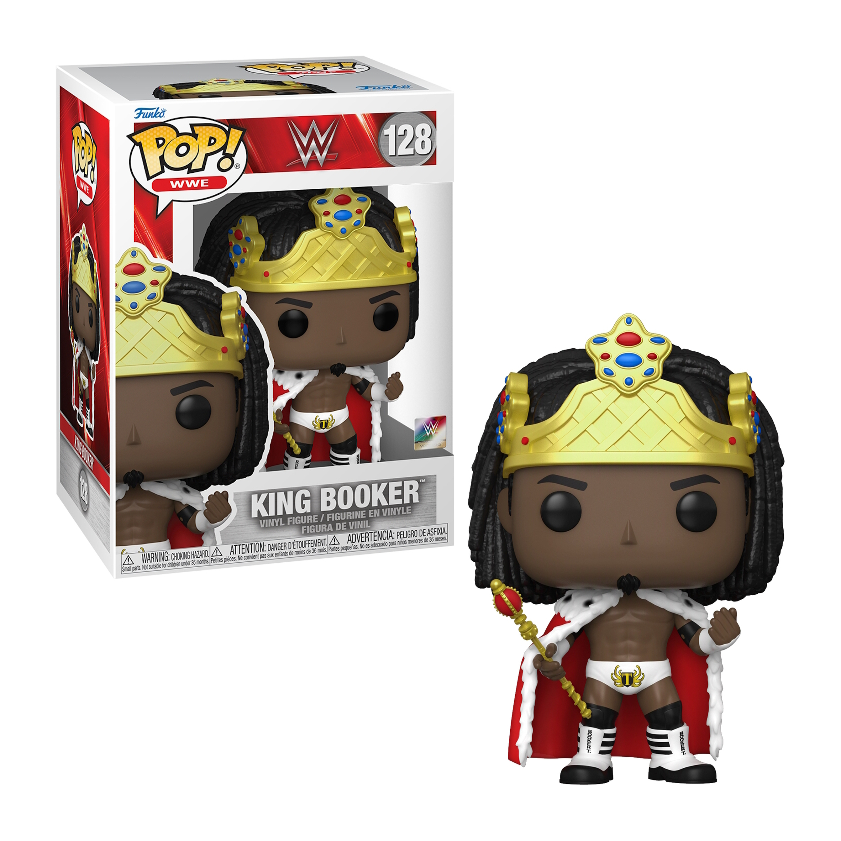 King Booker Funko Pop Figur in der Box. Er trägt eine Krone und einen roten Umhang und hält einen Stab.