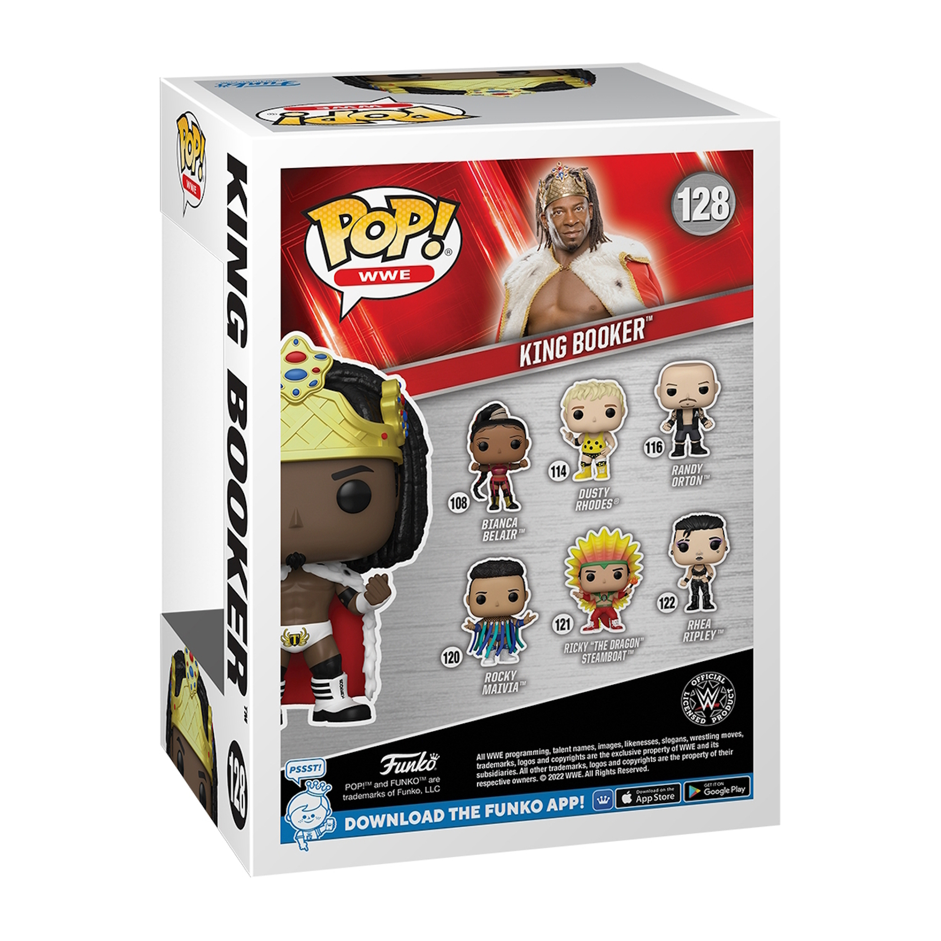 Rückseite einer Funko Pop-Box mit King Booker-Figur und anderen Wrestling-Figuren.