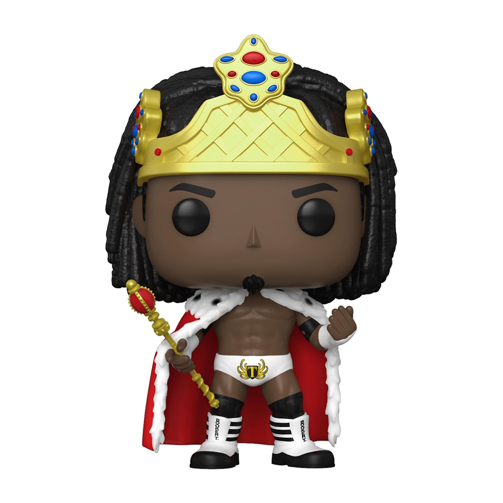 Funko Pop von einem König mit Krone, Zepter und Umhang. Weißer Hintergrund.