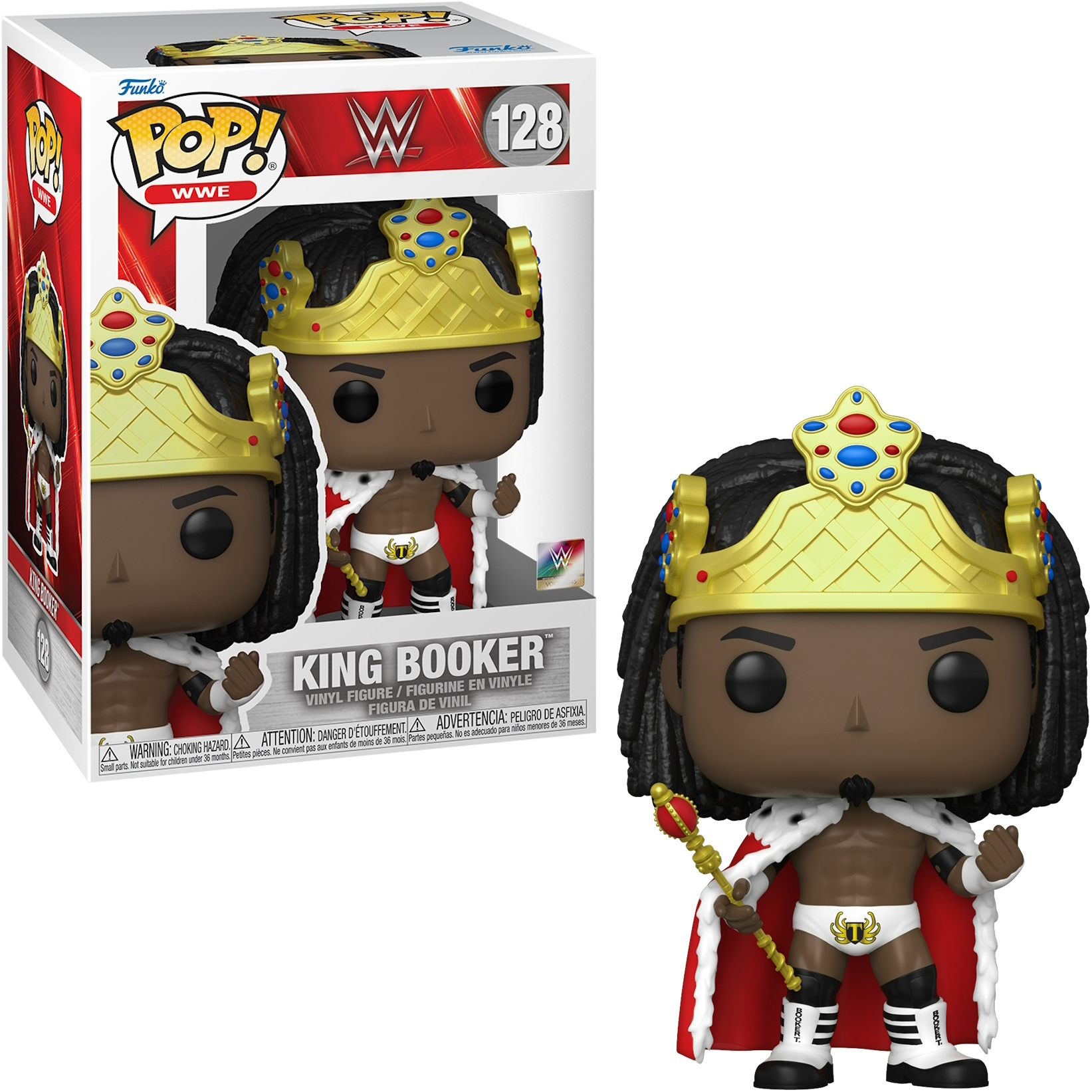 Funko Pop Figur: King Booker. Figur mit Krone und Umhang, schwarze Haut. Box im Hintergrund.