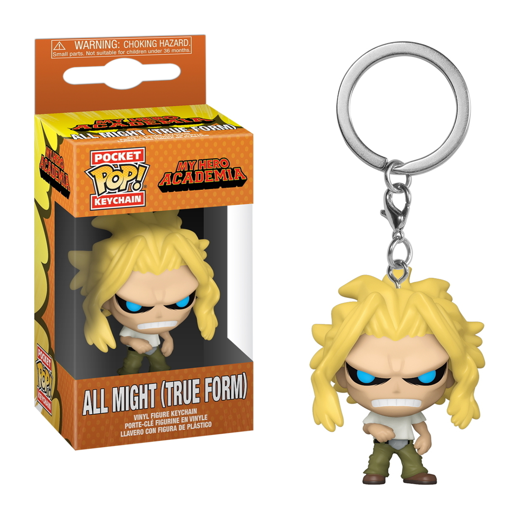 All Might Schlüsselanhänger mit gelben Haaren, blauen Augen und Schachtel. Die Figur ist in ihrer wahren Form.