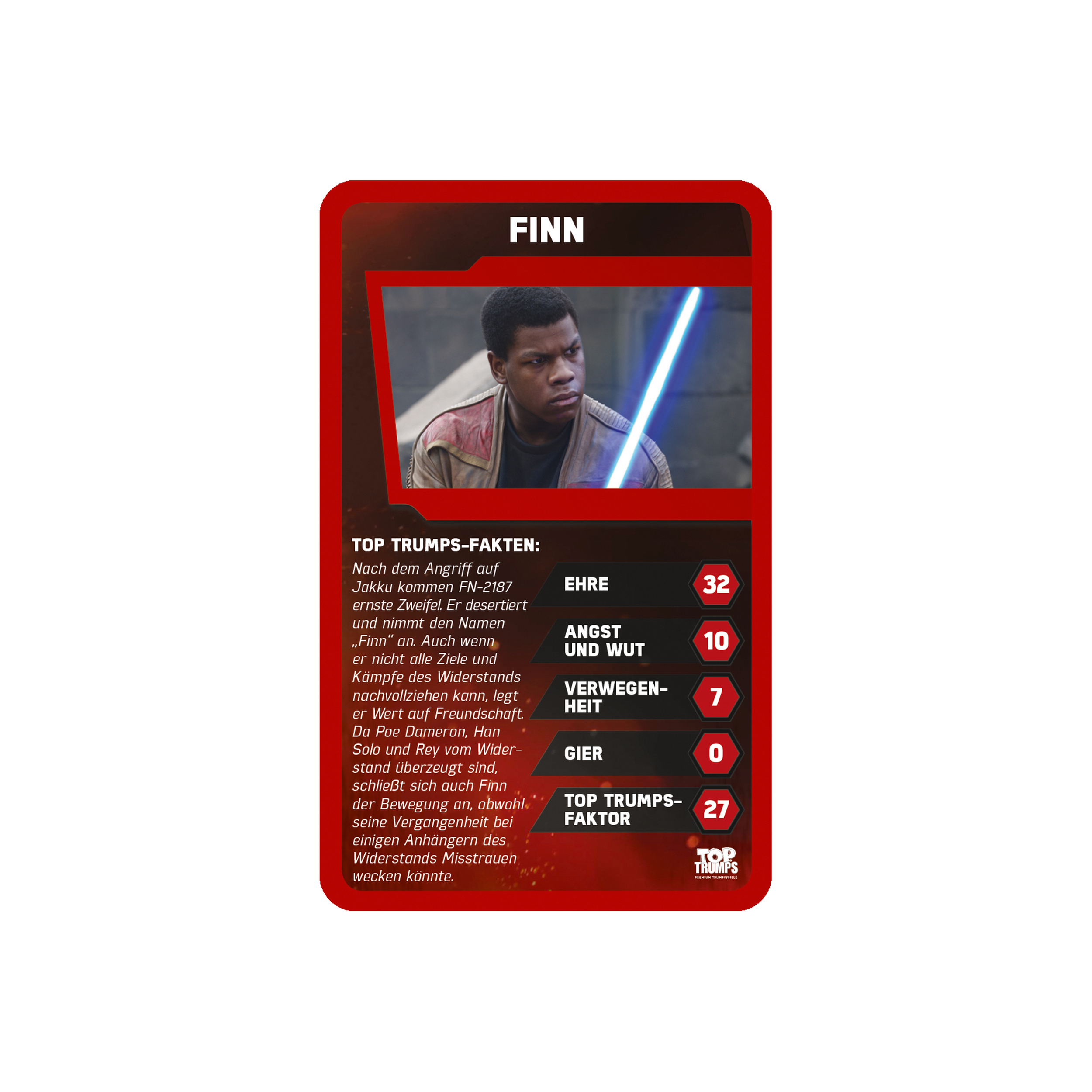 Sammelkarte von Finn aus Star Wars, mit Text über seine Geschichte und Werte.