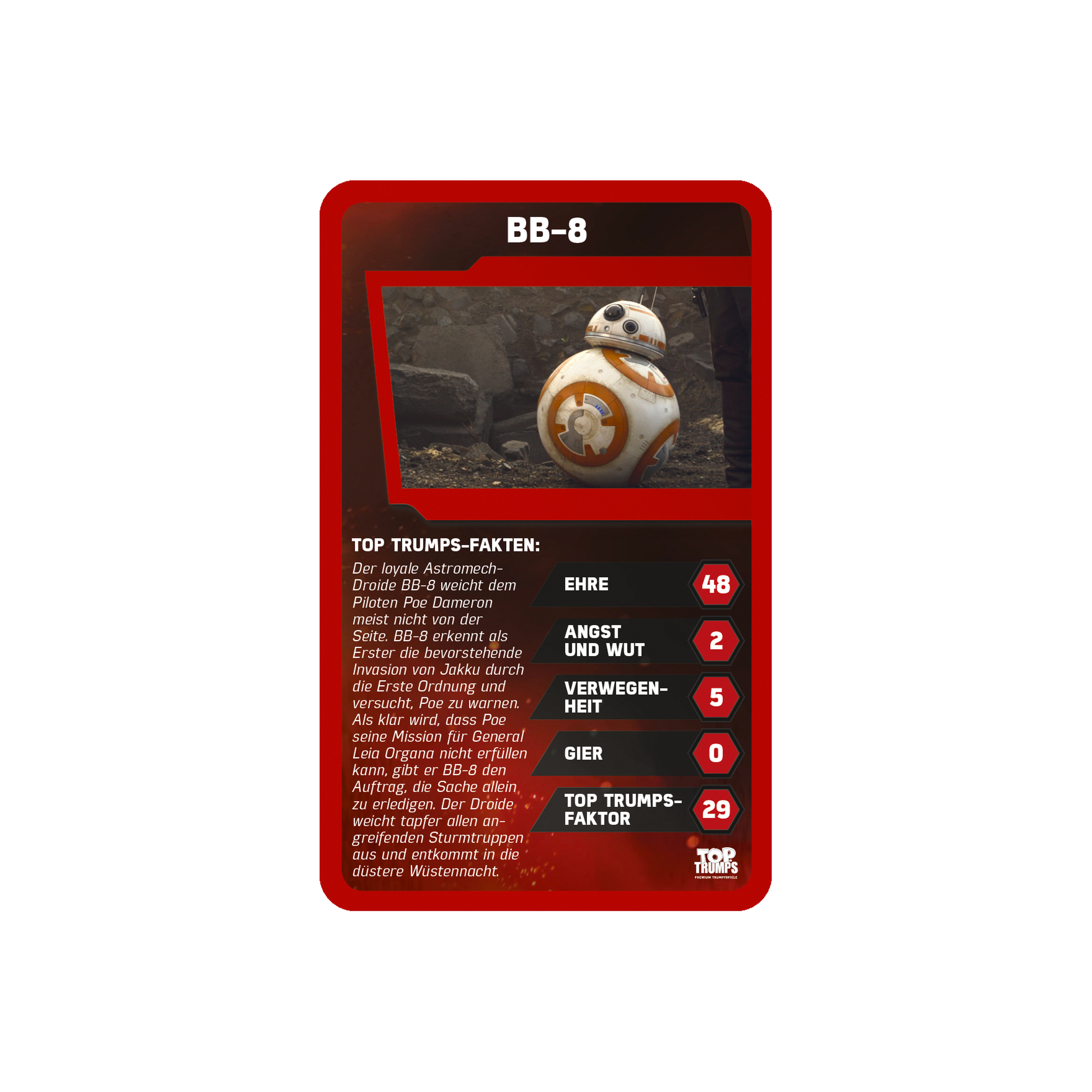 Star Wars Top Trumps Karte mit BB-8, mit Statistiken für Ehre, Angst, Wut, Verwegenheit und Gier.