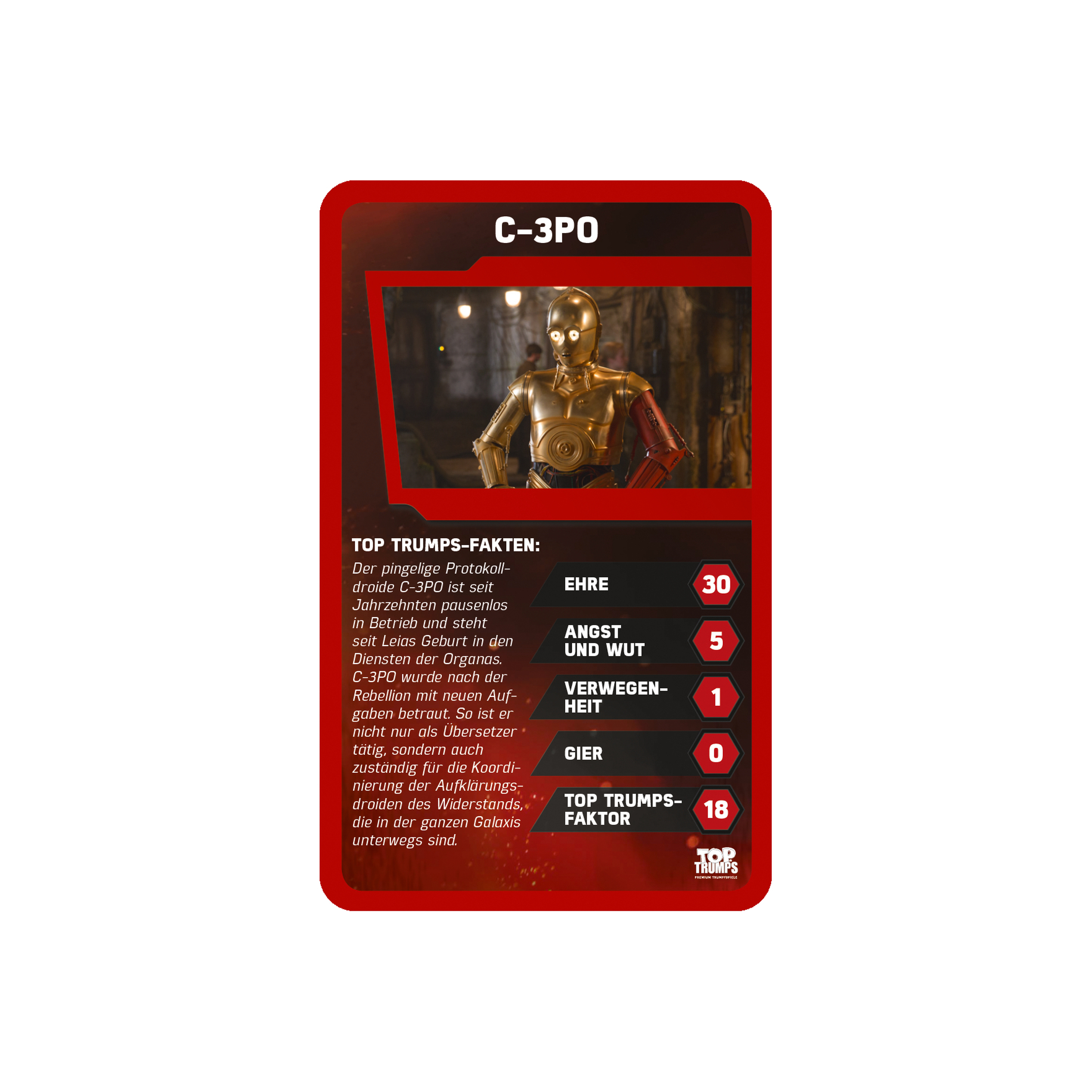 C-3PO Top Trumps Karte, die das Bild der Figur und verschiedene Statistiken in deutscher Sprache zeigt.