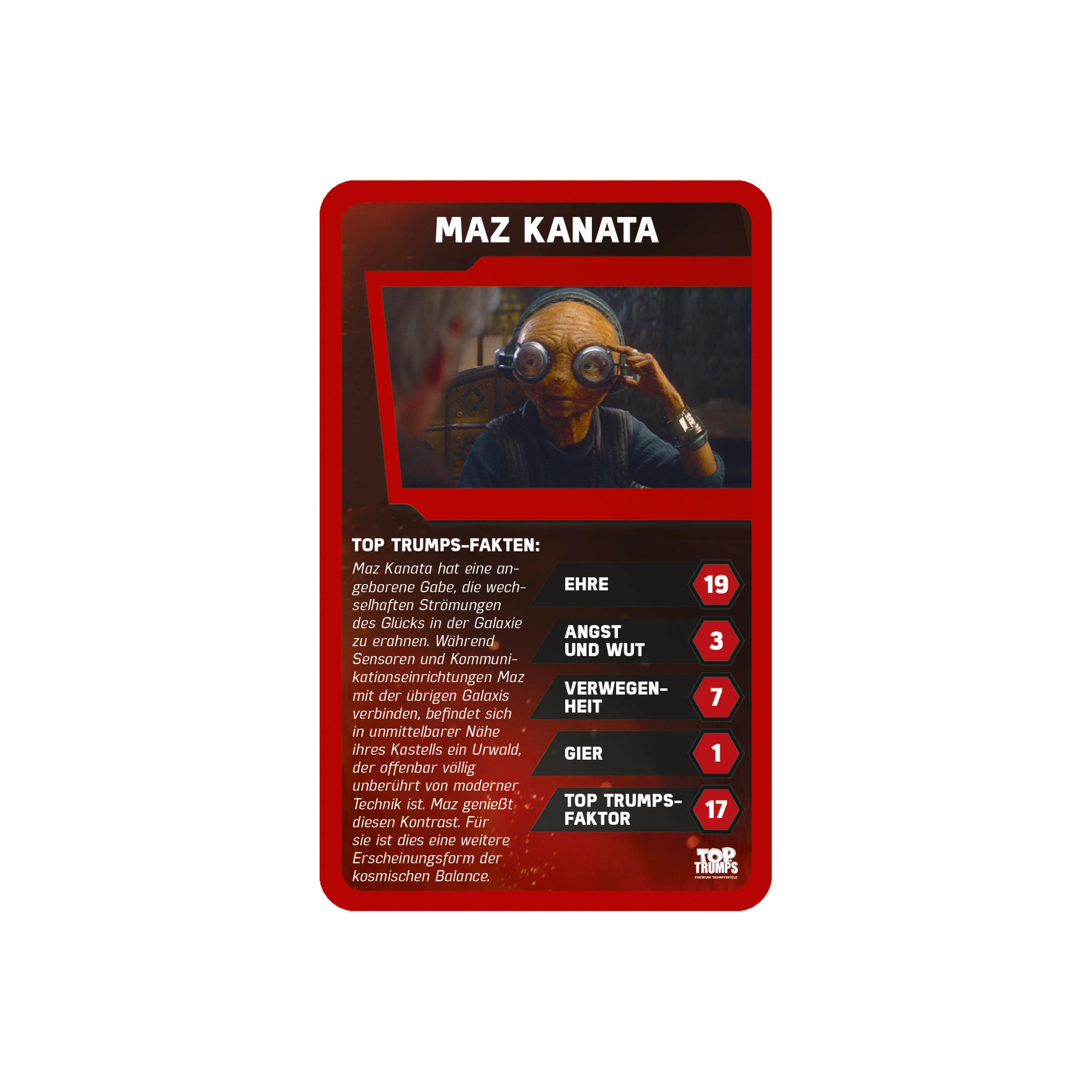 Top Trumps Karte von Maz Kanata. Charakterbild, Statistiken und Text.