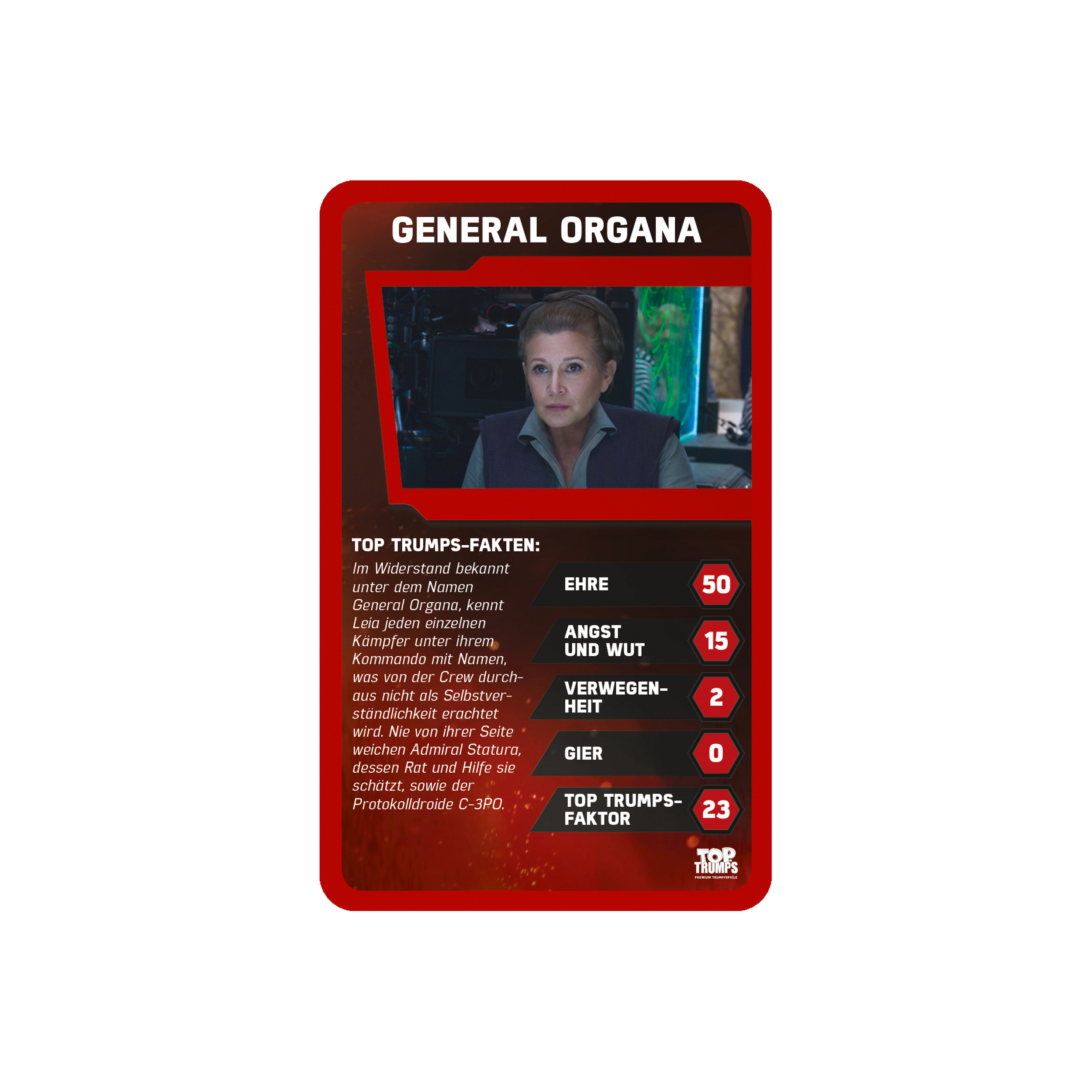 Eine Star Wars Sammelkarte mit General Organa. Die Karte hat Statistiken.