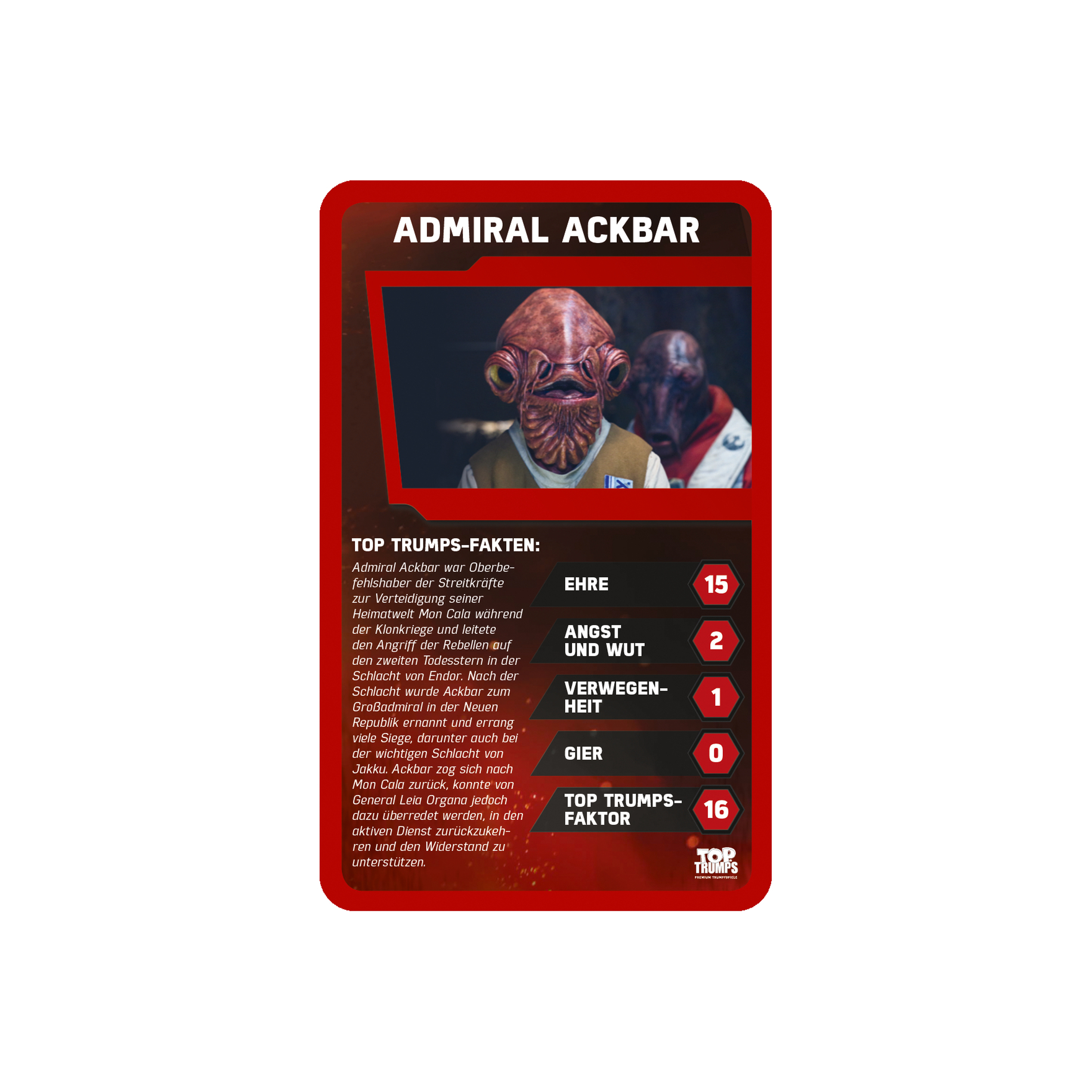 Top Trumps Karte mit Admiral Ackbar. Zeigt Ackbars Foto, Statistiken und eine Zusammenfassung seiner Rolle in der Rebellenallianz.