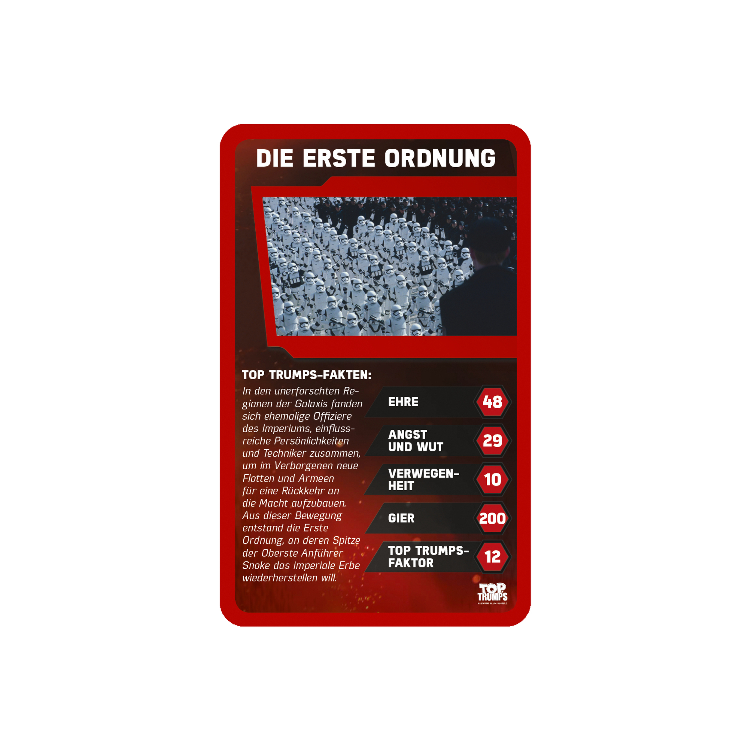 Eine Star Wars Sammelkarte mit einem Bild von Sturmtruppen und Text.