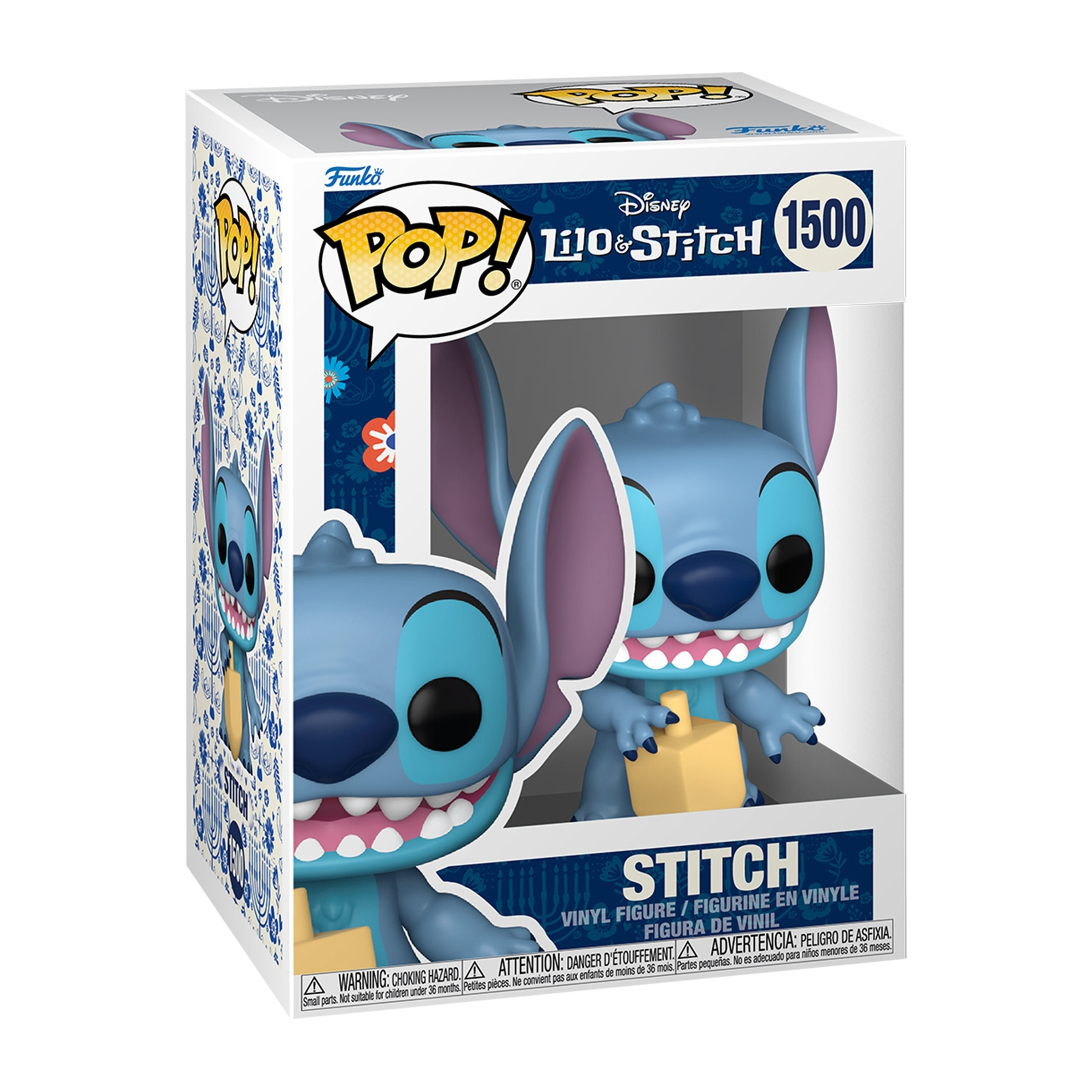 Stitch Figur in einer Box. Stitch ist blau und hält ein gelbes Objekt.