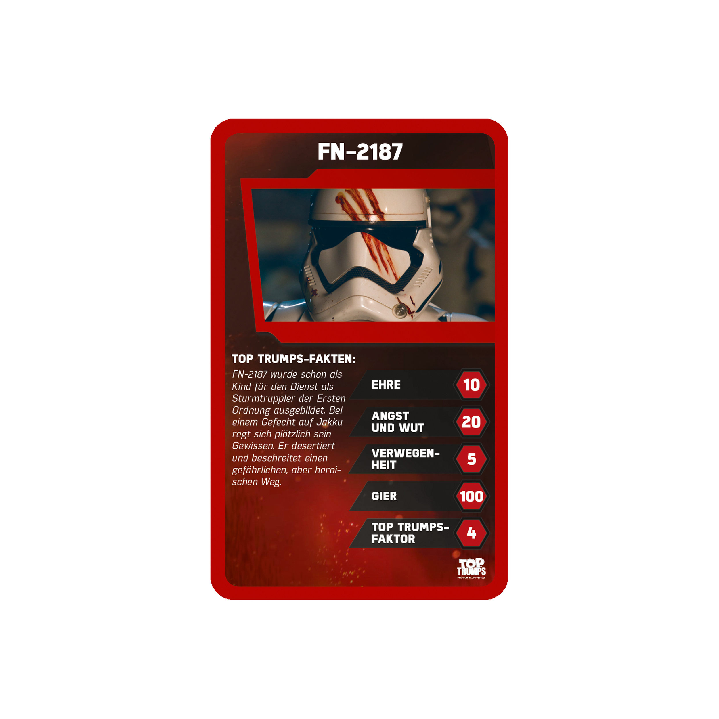 Top Trumps Karte mit einem Sturmtrupplerhelm und dem Text: Ehre, Angst, Gier und Wut.