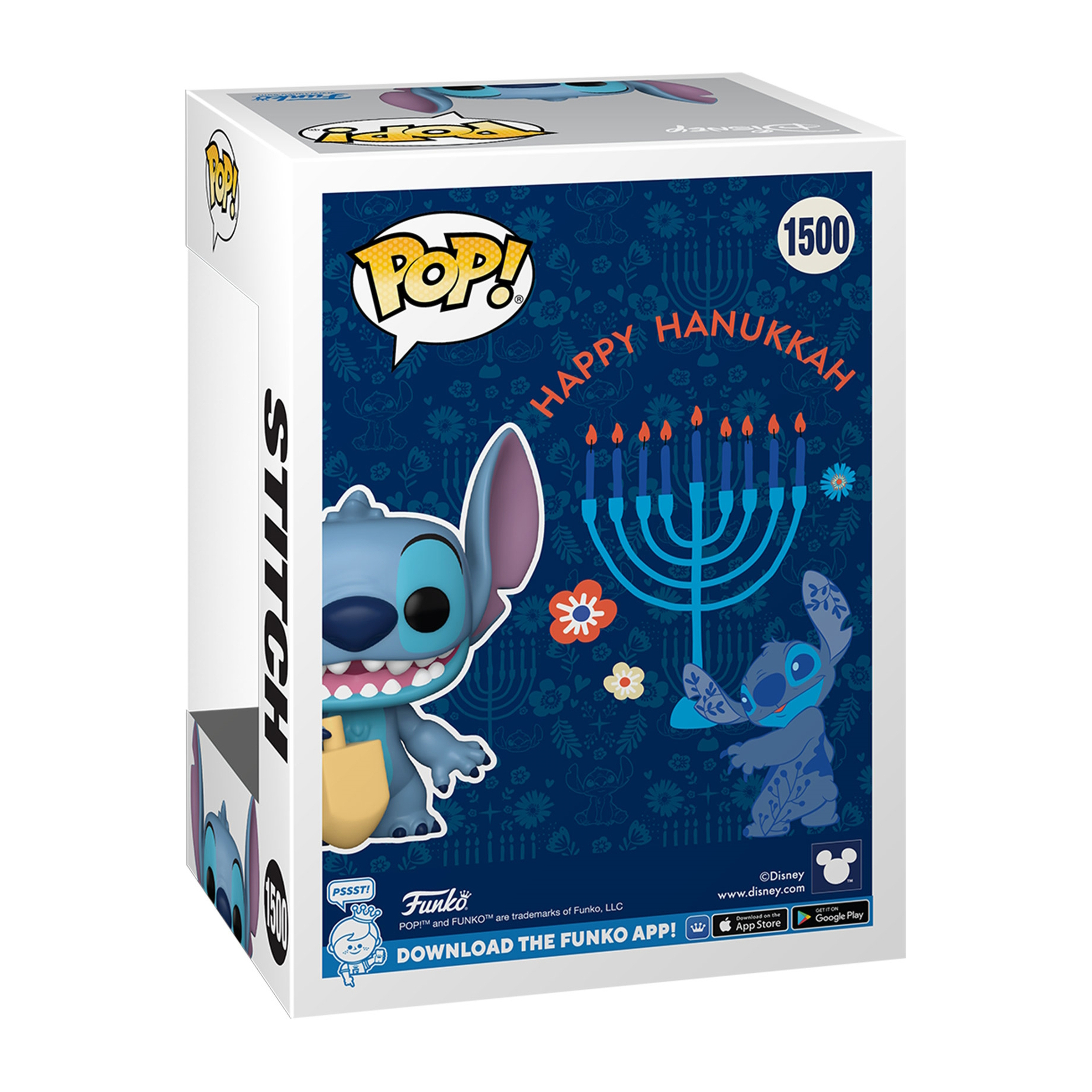 Stitch Funko Pop Box, mit einem Bild von Stitch und einer Menora.