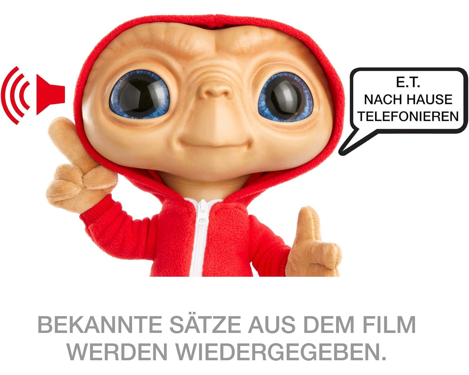 E.T. die Alien-Figur mit rotem Kapuzenpullover und Sprechblase mit der Aufschrift: "E.T. NACH HAUSE TELEFONIEREN".