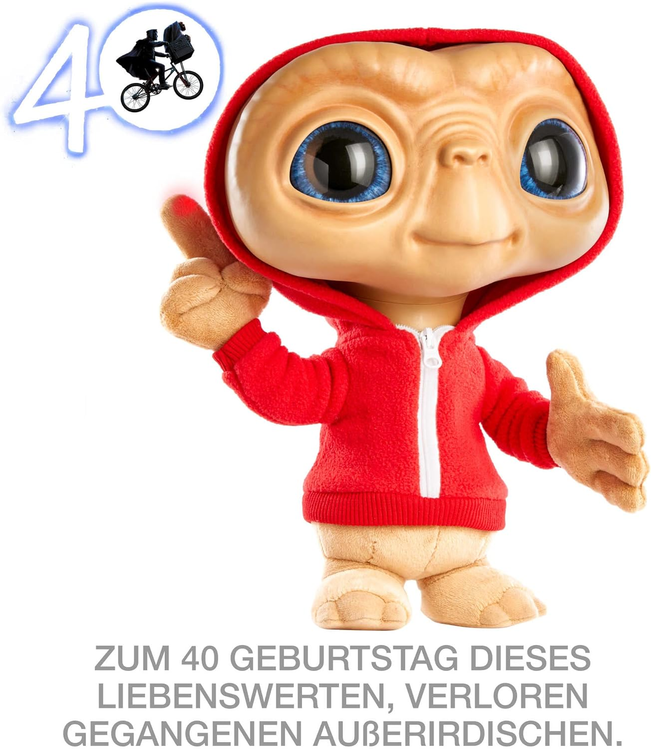 E.T.-Spielzeug in einem roten Kapuzenpullover. Die Zahl 40 ist im Hintergrund.