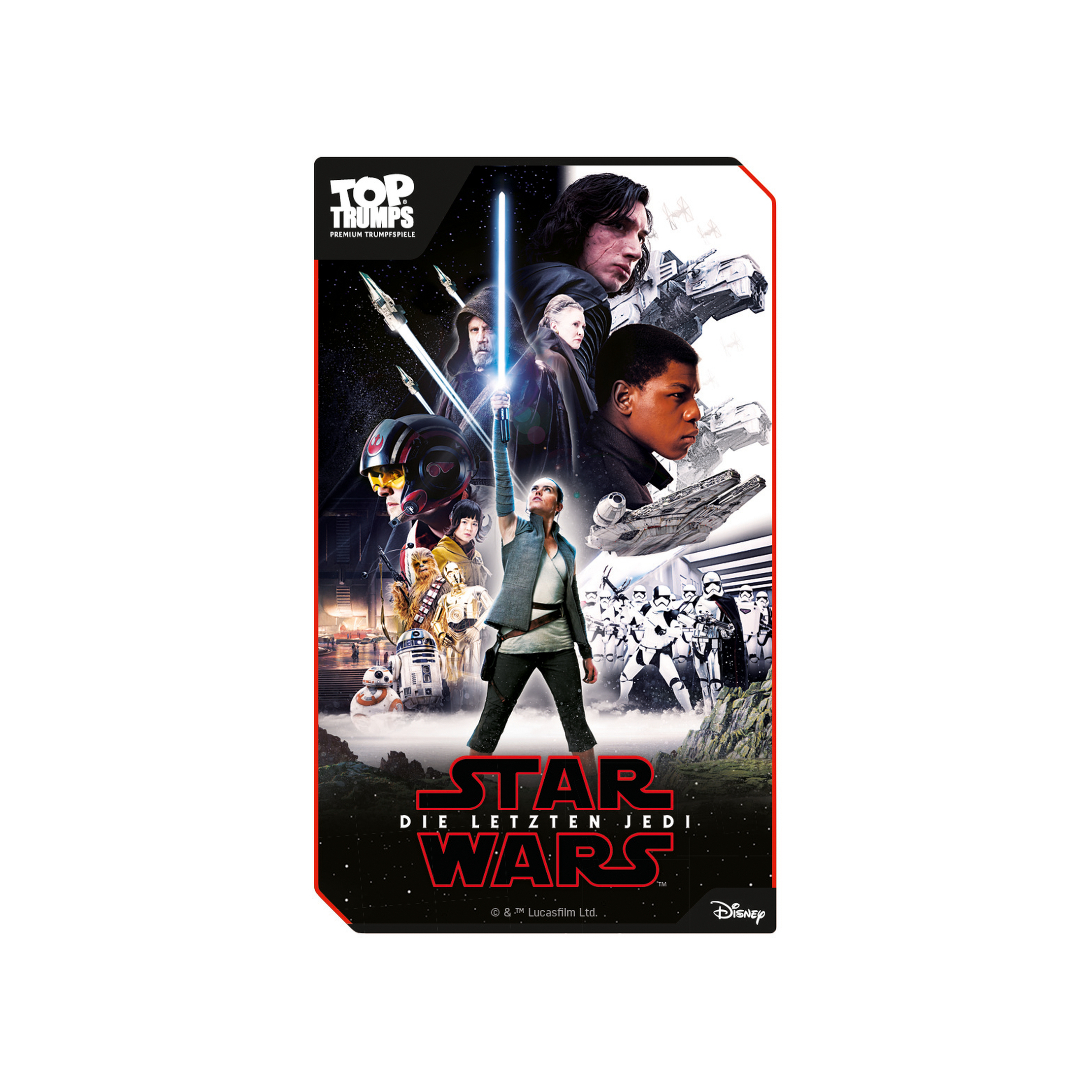 Star Wars Top Trumps Karte mit Charakteren aus Die letzten Jedi. Weißer Hintergrund, Filmplakatstil.