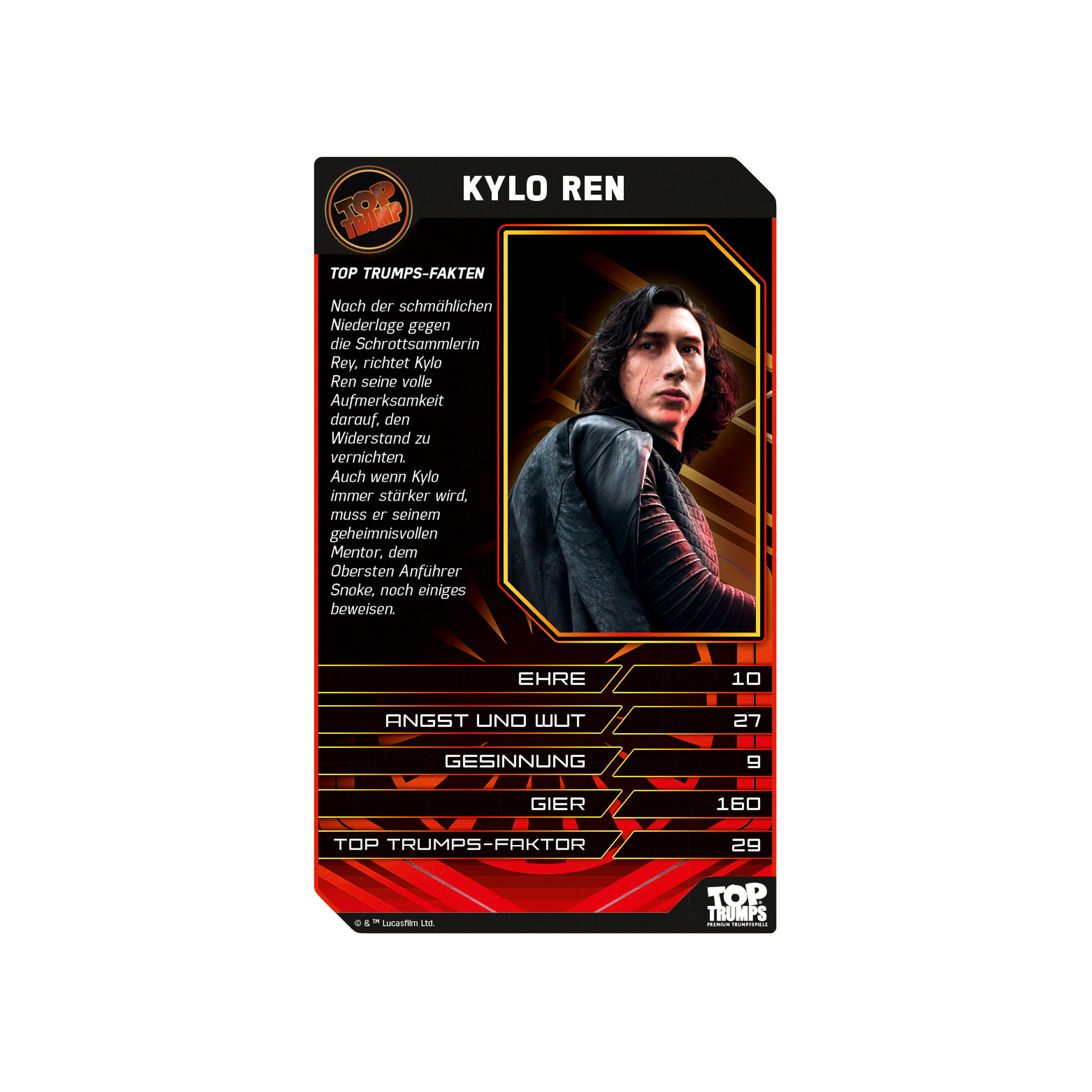 Eine Kylo Ren Sammelkarte mit Text und einem Bild von Kylo Ren. Die Karte hat ein Top Trumps Logo.