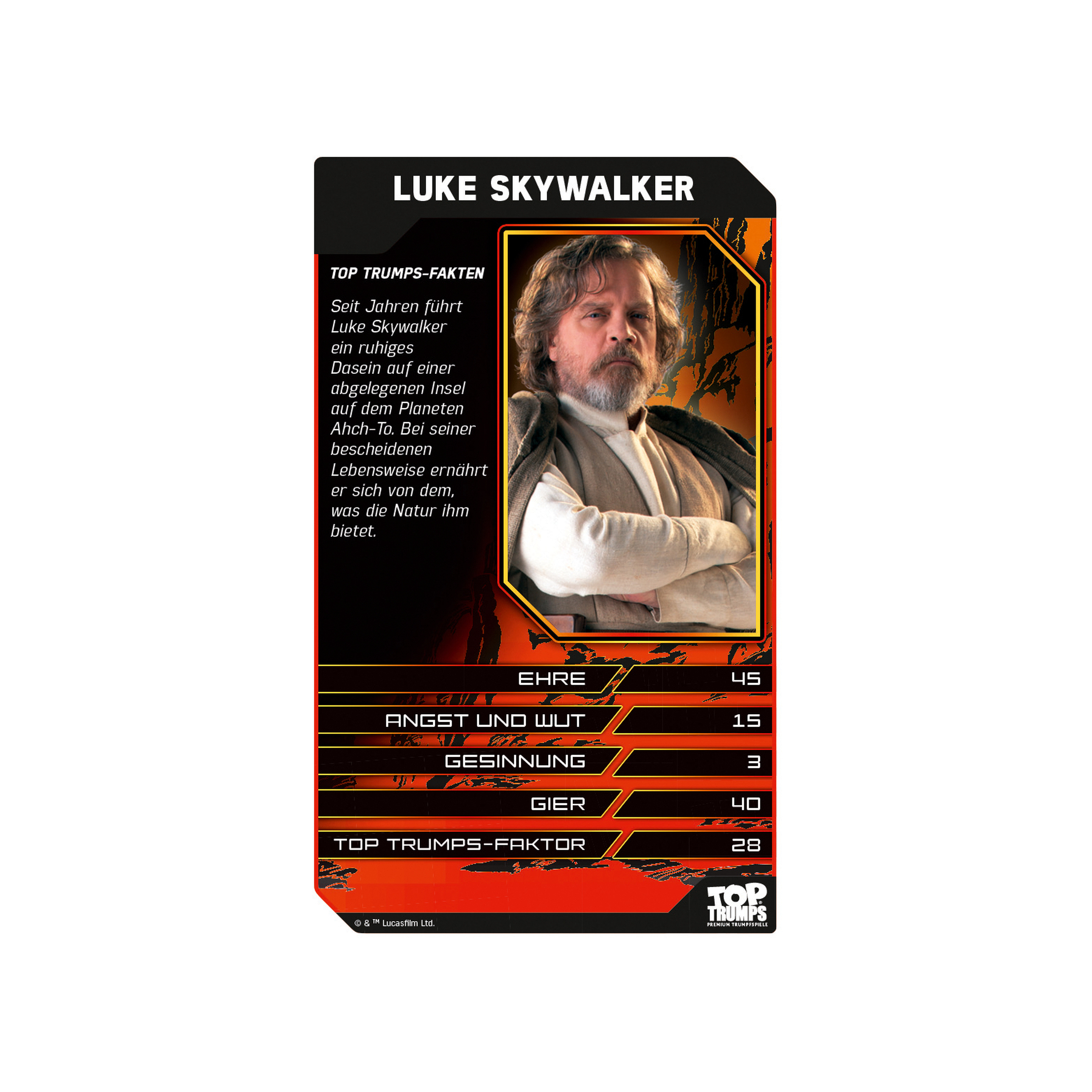 Luke Skywalker Karte. Portrait, Text und Statistiken. Rotes und schwarzes Farbschema.
