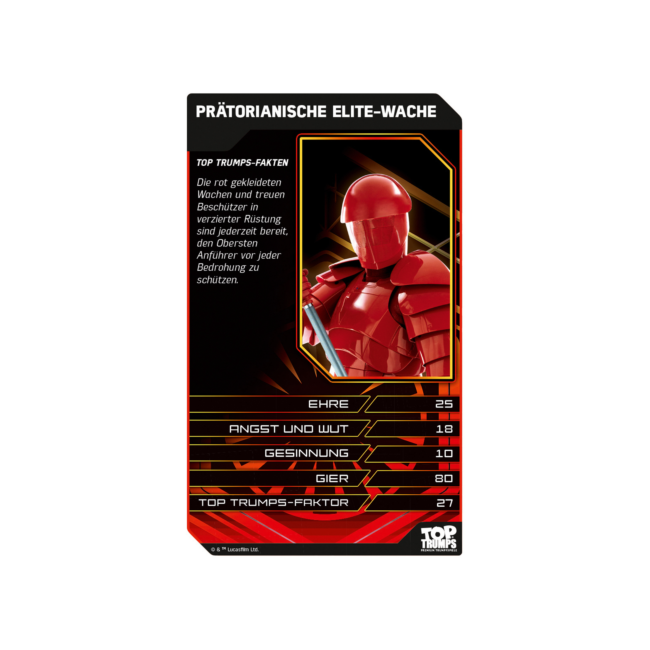 Top Trumps Karte mit roter gepanzerter Figur. Text: Prätorianische Elite-Wache, Ehr, Angst und Wut, Gier, Top Trumps Faktor.