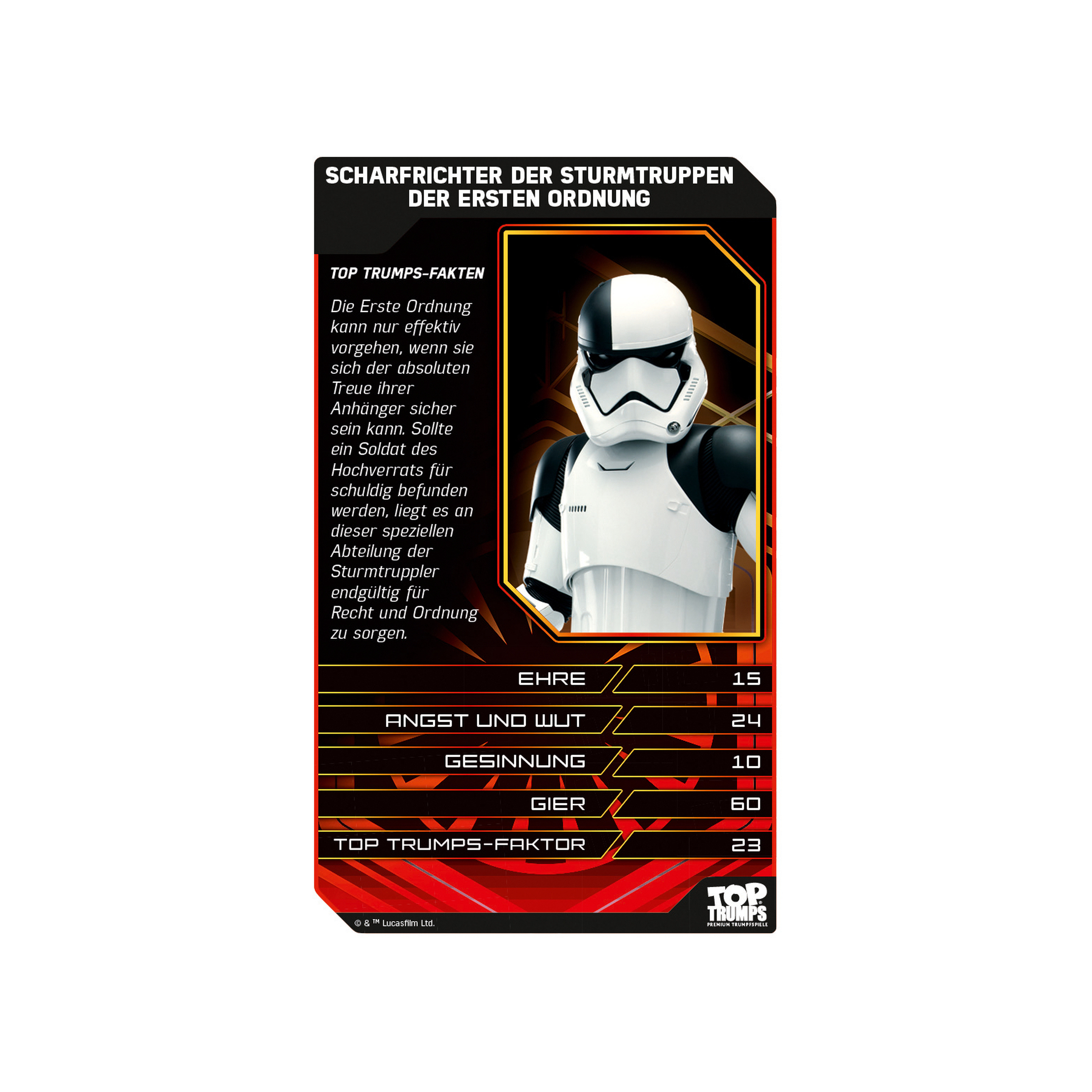 Star Wars Sammelkarte. Zeigt einen Sturmtruppler mit Text über seine Werte und Fähigkeiten. Weißer Hintergrund.