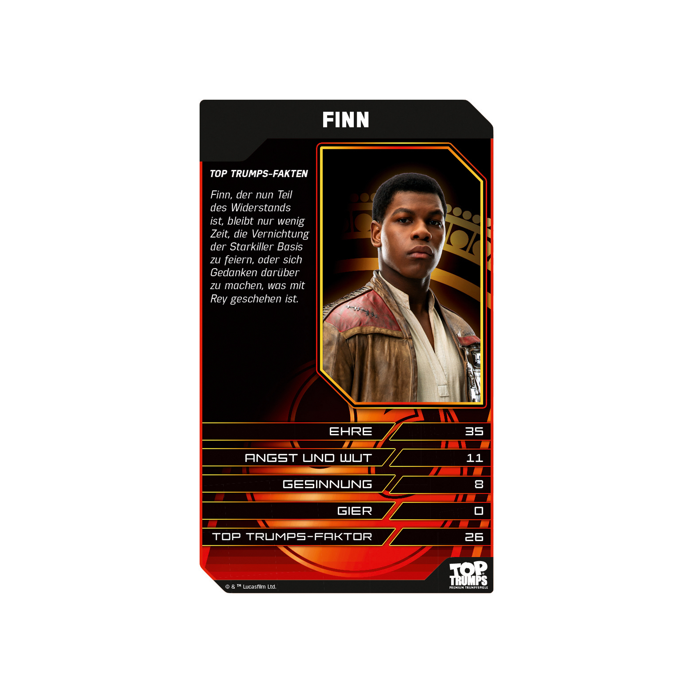 Star Wars Finn Sammelkarte. Finns Bild, goldener Hintergrund, schwarzer Text und rote Akzente.