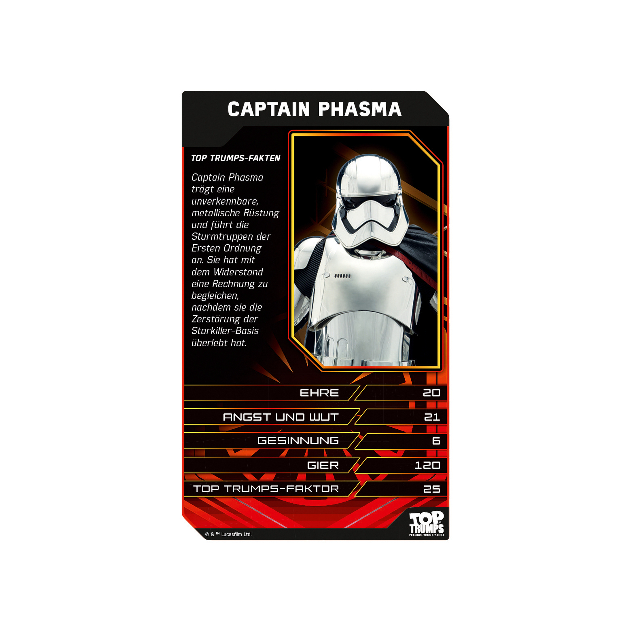 Eine Star Wars Sammelkarte von Captain Phasma, mit deutschem Text.