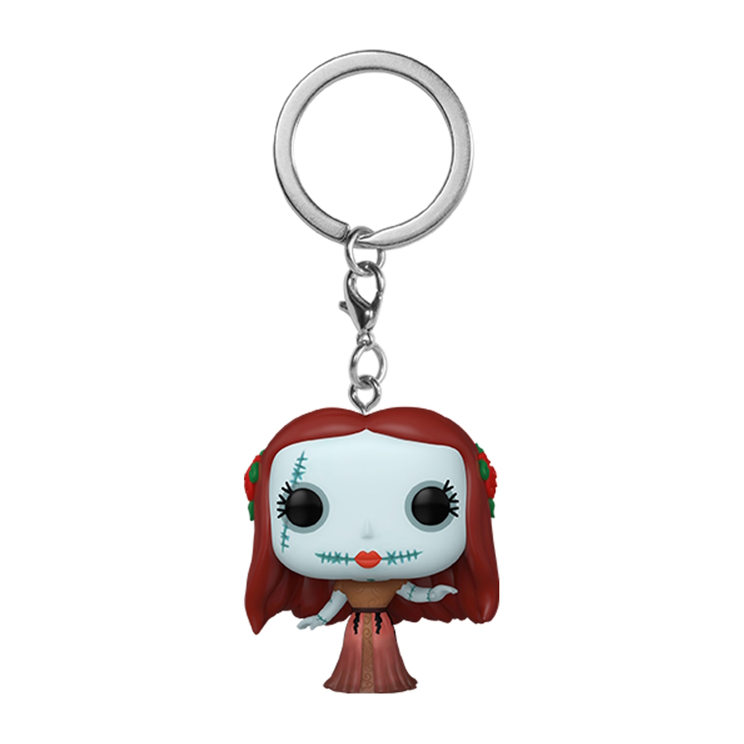 Figura de llavero de Sally con cabello rojo y rosas. Ella extiende su brazo.