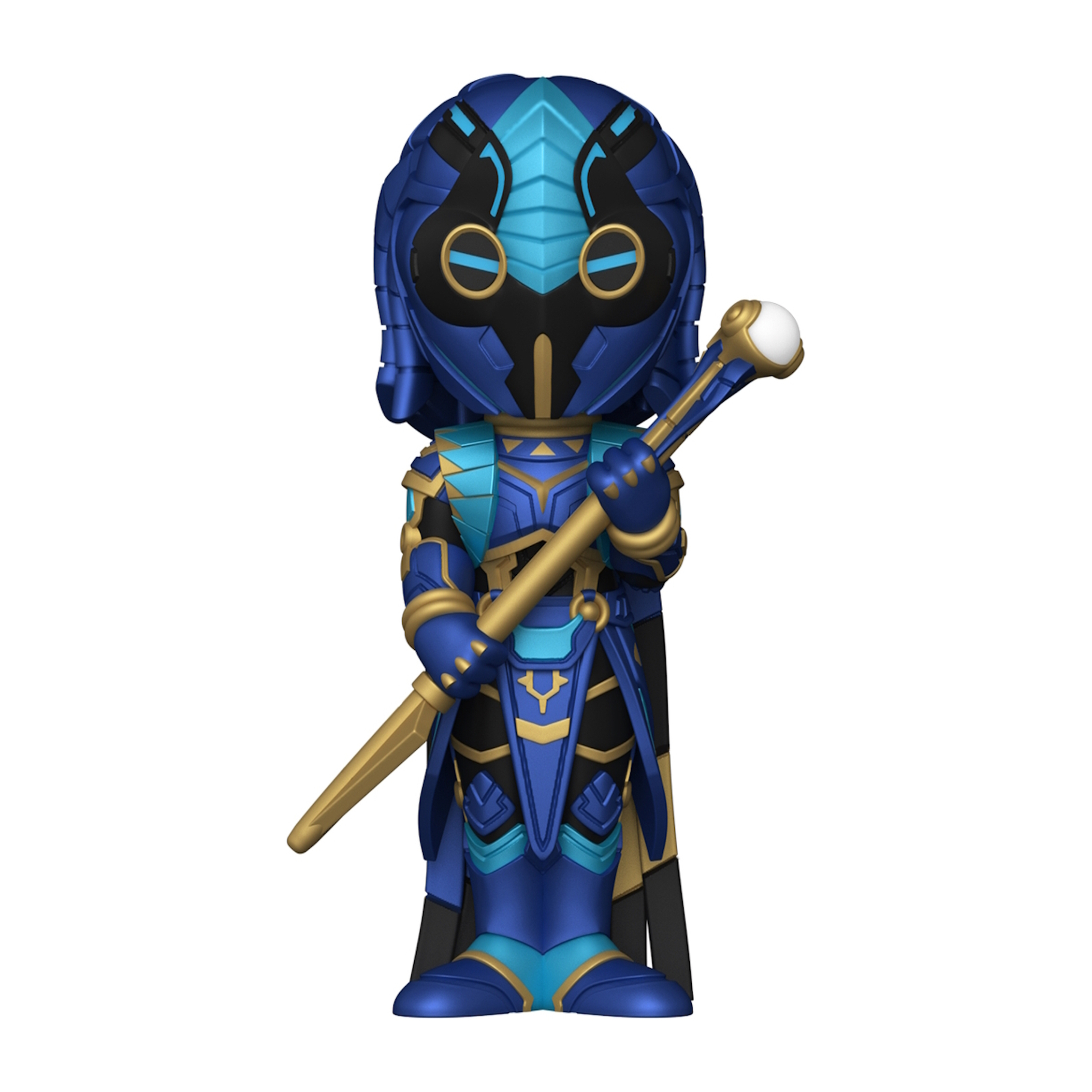 Funko Pop! Figur einer blauen, gepanzerten Figur mit Stab, auf weißem Hintergrund.
