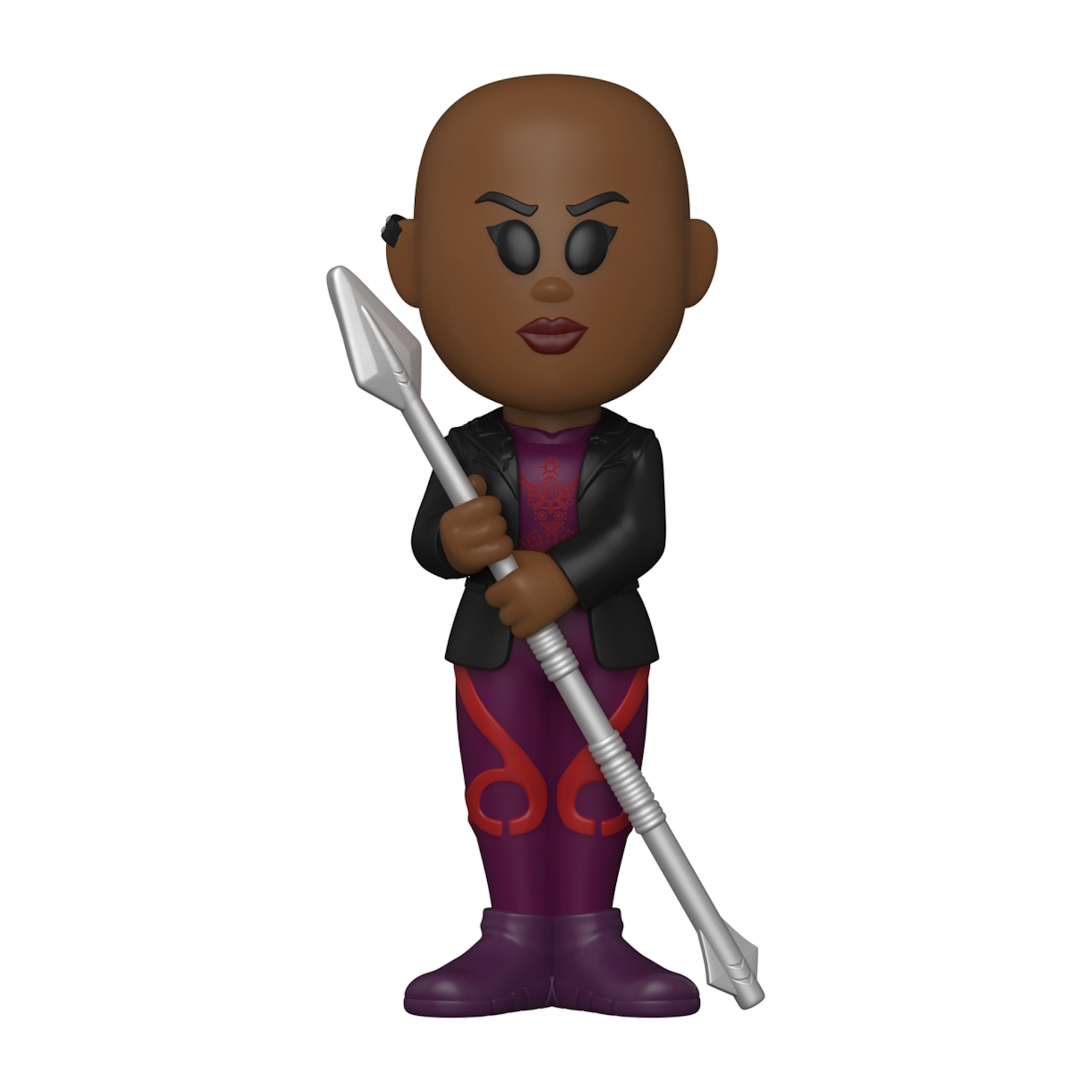 Eine Funko Pop Figur von Okoye, die einen Speer hält, in einem lila Outfit.