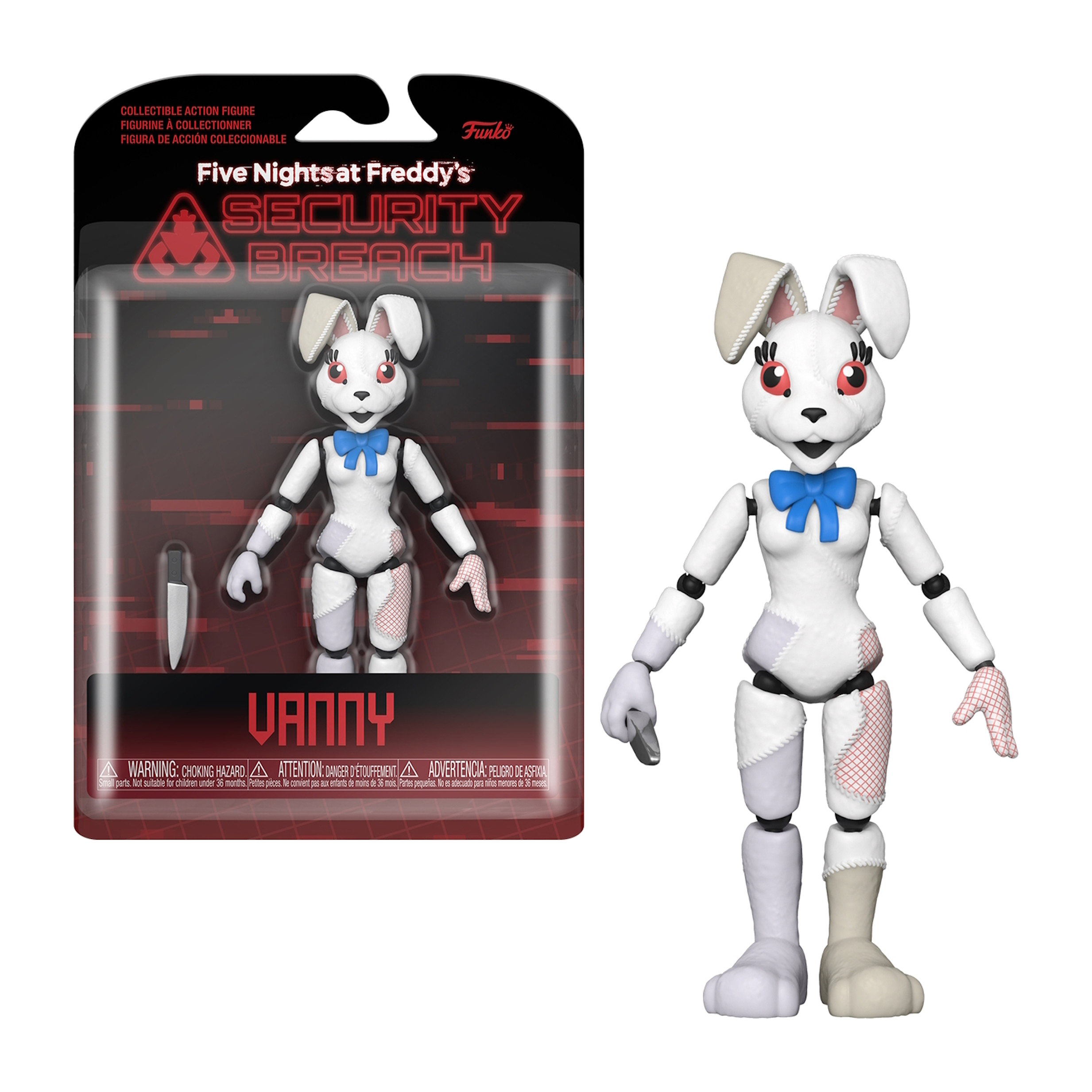 Vanny Actionfigur in Verpackung und draußen. Weißer Hase mit blauer Schleife, hält ein Messer.