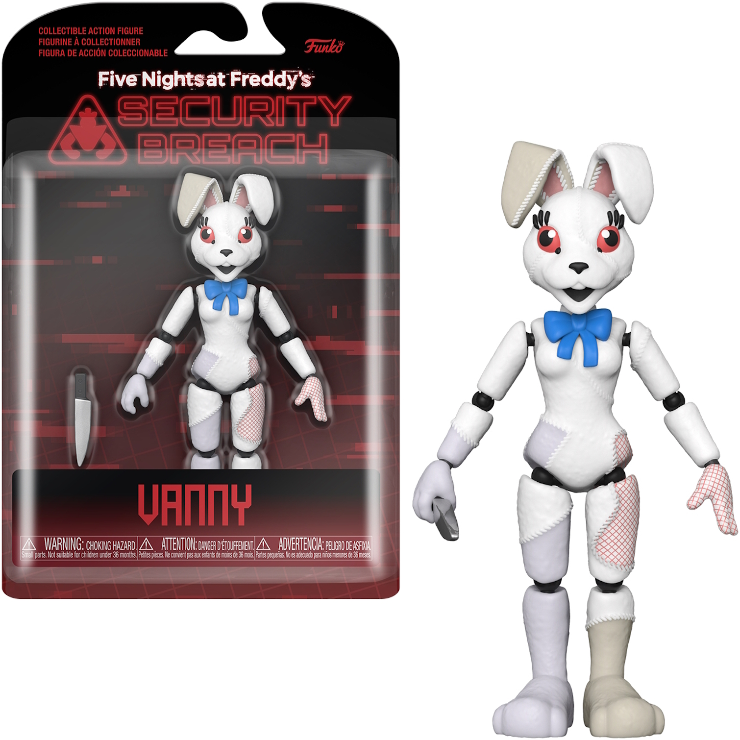 Eine Vanny-Figur von Five Nights at Freddy's, verpackt in einer Box. Die Figur ist ein weißes Kaninchen.