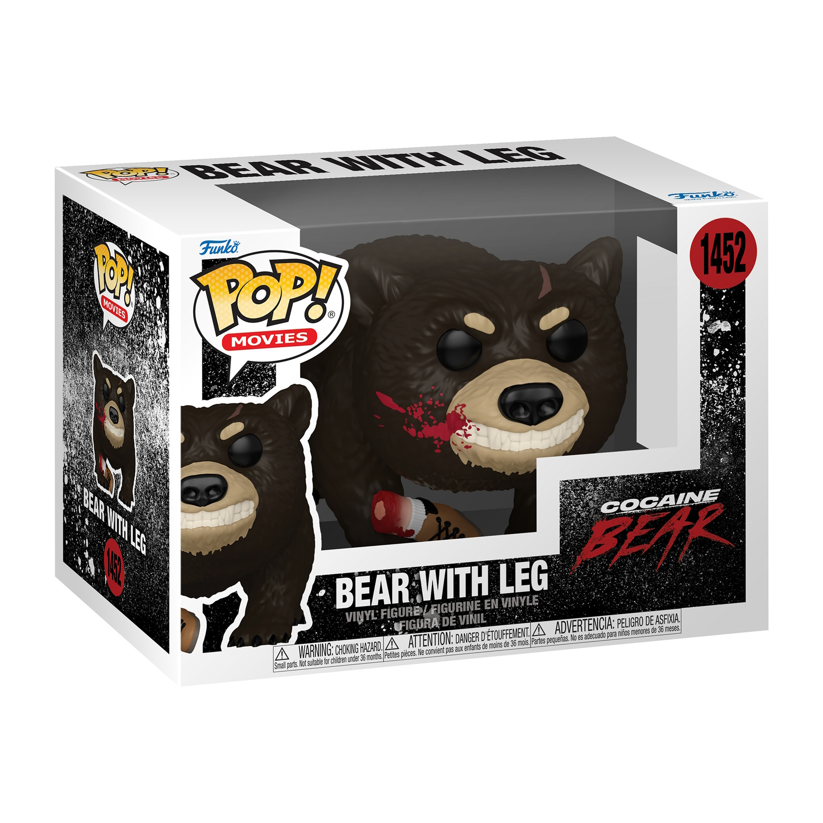 Cocaine Bear Funko Pop Figur in einer Box mit Blut und Bein.