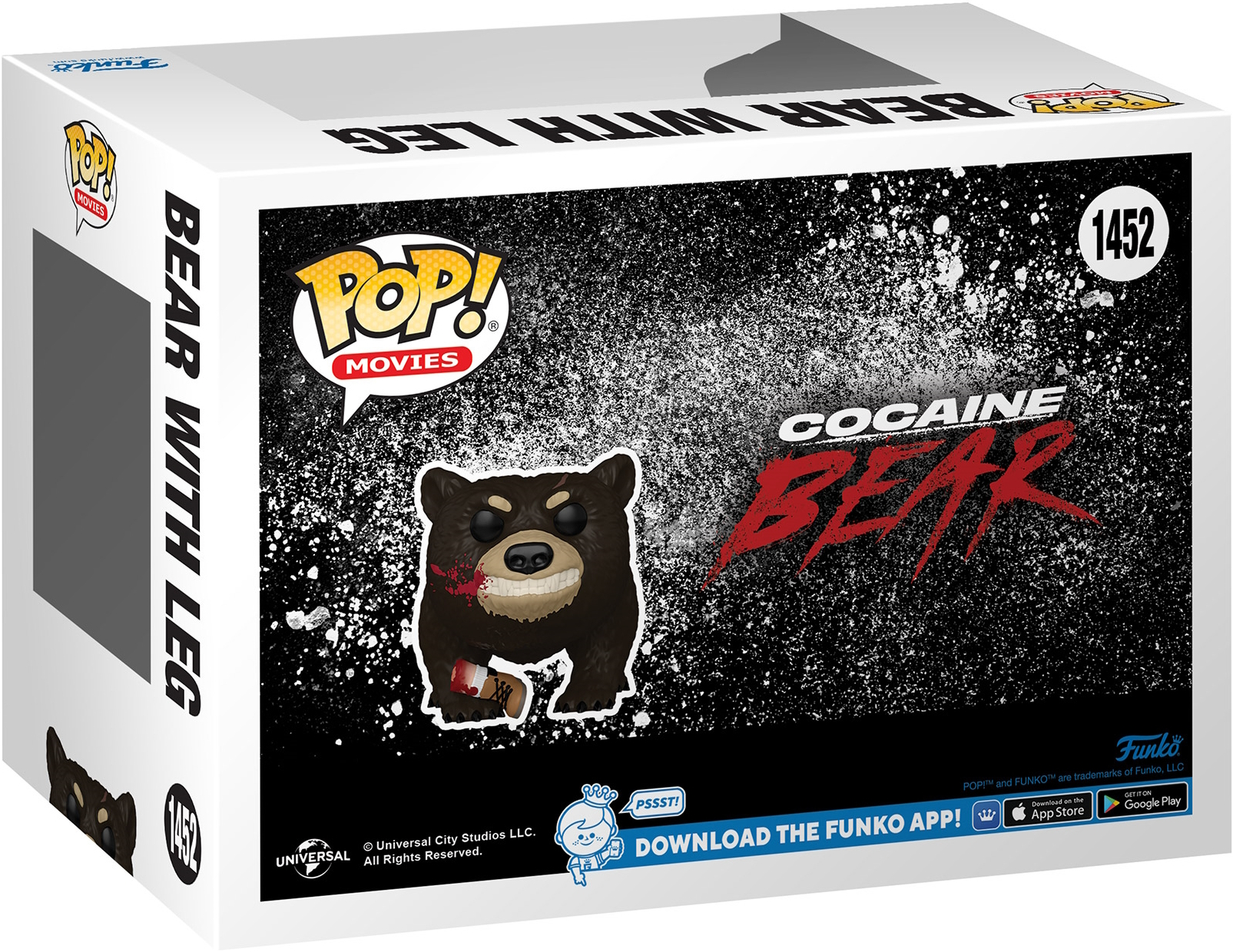 Eine Spielzeugkiste mit dem Bild eines Bären mit Bein und dem Text: Cocaine Bear.