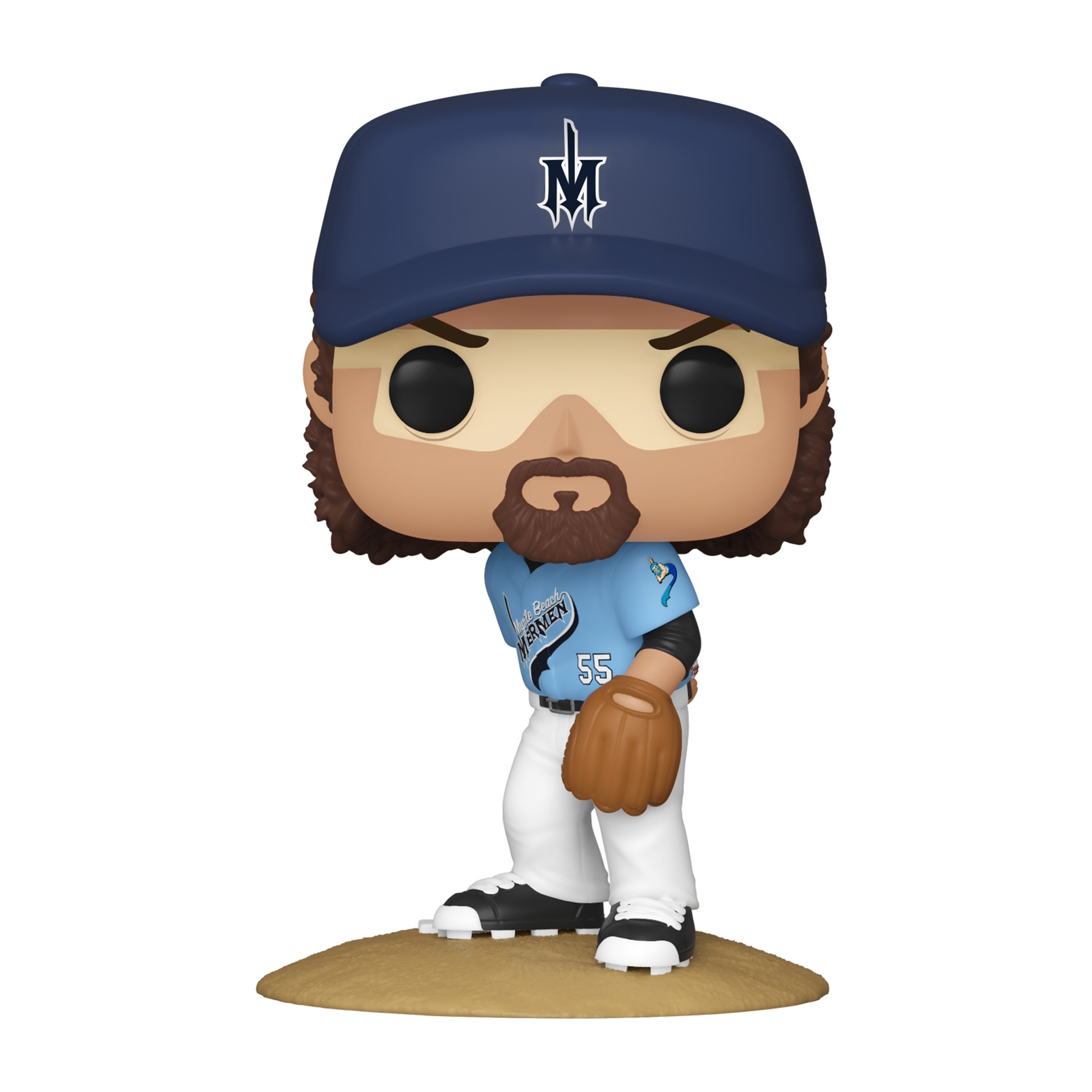 Baseballspieler-Figur mit Handschuh und Kappe, steht auf einem kleinen Hügel. Hintergrund ist weiß.