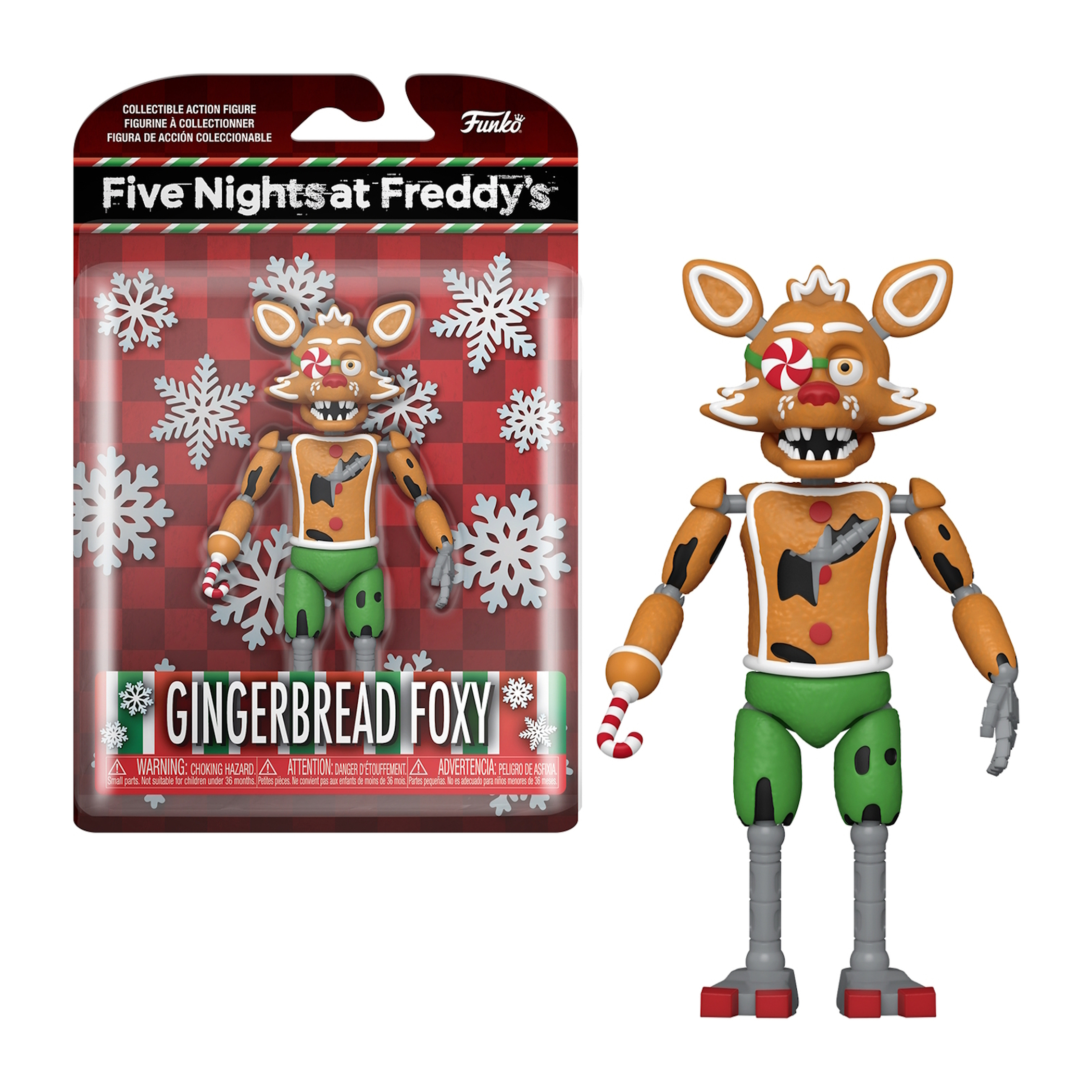Gingerbread Foxy Actionfigur von Five Nights at Freddy's. Er ist orange, grün und trägt eine Zuckerstange.