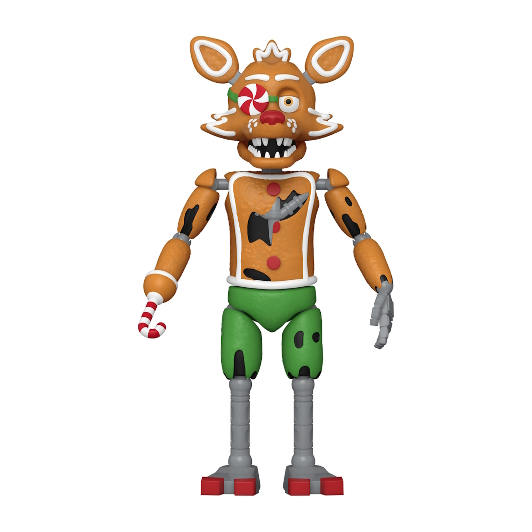 Lebkuchen-Foxy-Figur. Oranger Körper, grüne Hose, Zuckerstange in der Hand, zwinkerndes Auge.