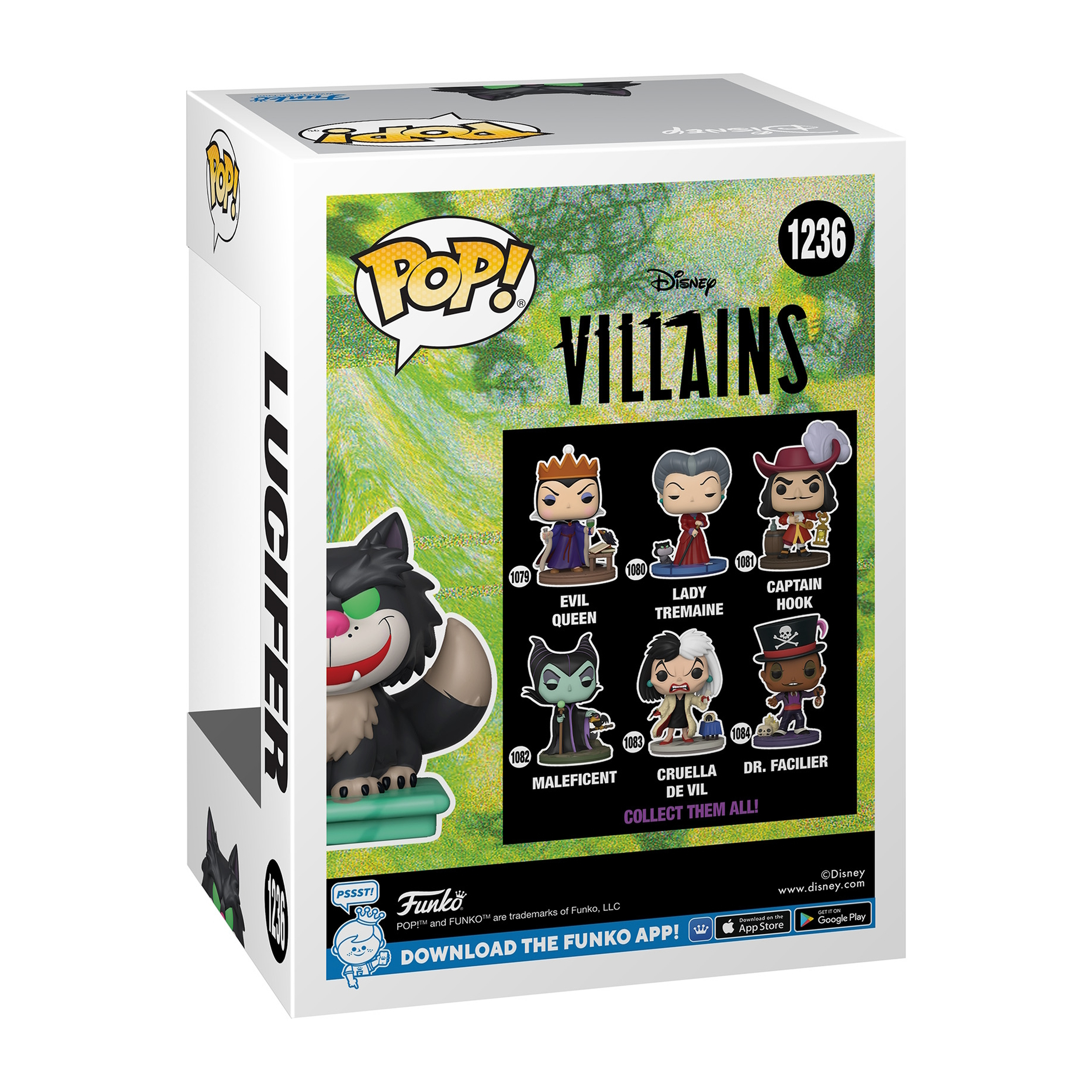 Eine Funko Pop Villains-Box mit Luzifer an der Seite. Die Box zeigt verschiedene Disney-Bösewichte.