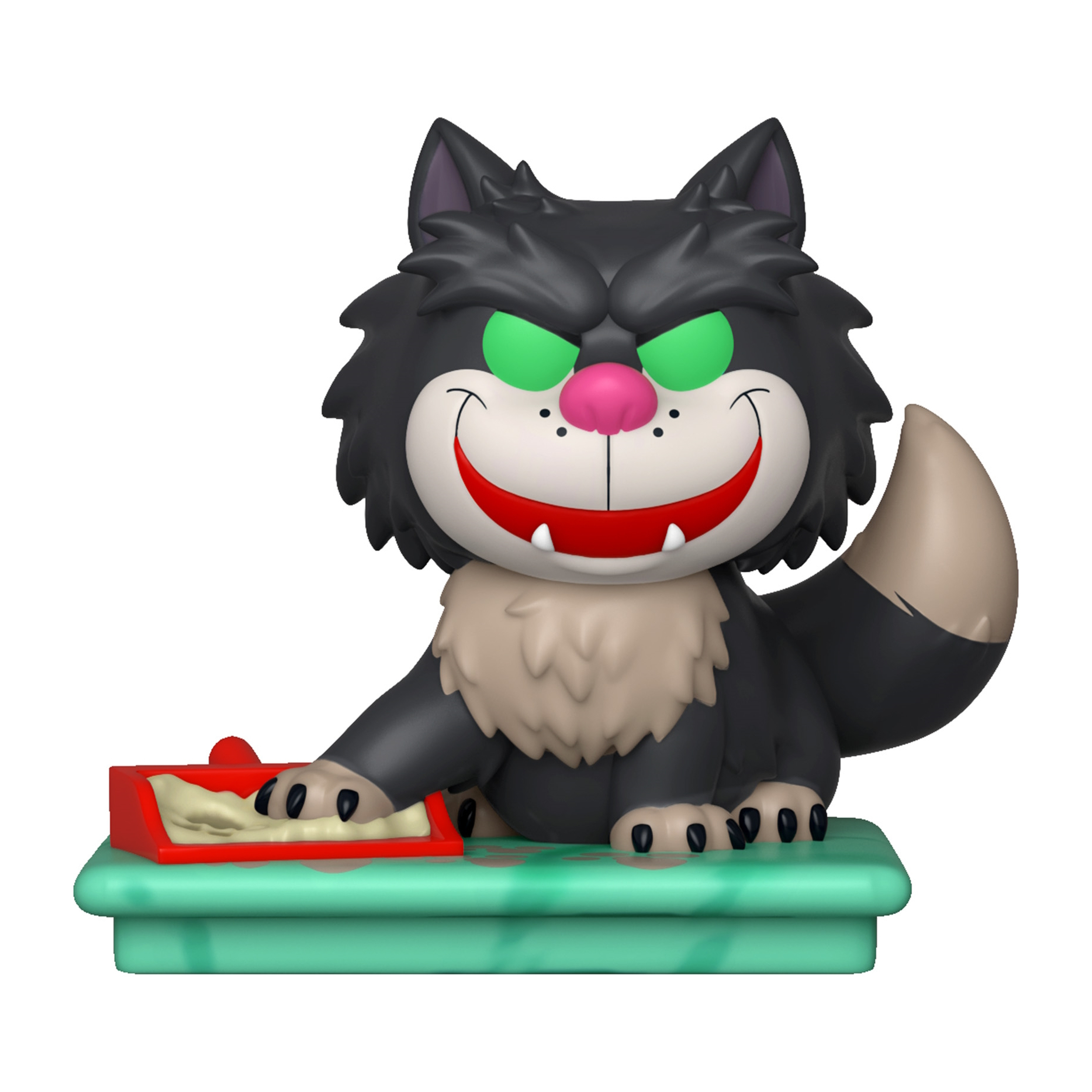 Figur eines Katers mit finsterem Grinsen, neben einer Katzentoilette. Die Katze ist schwarz.