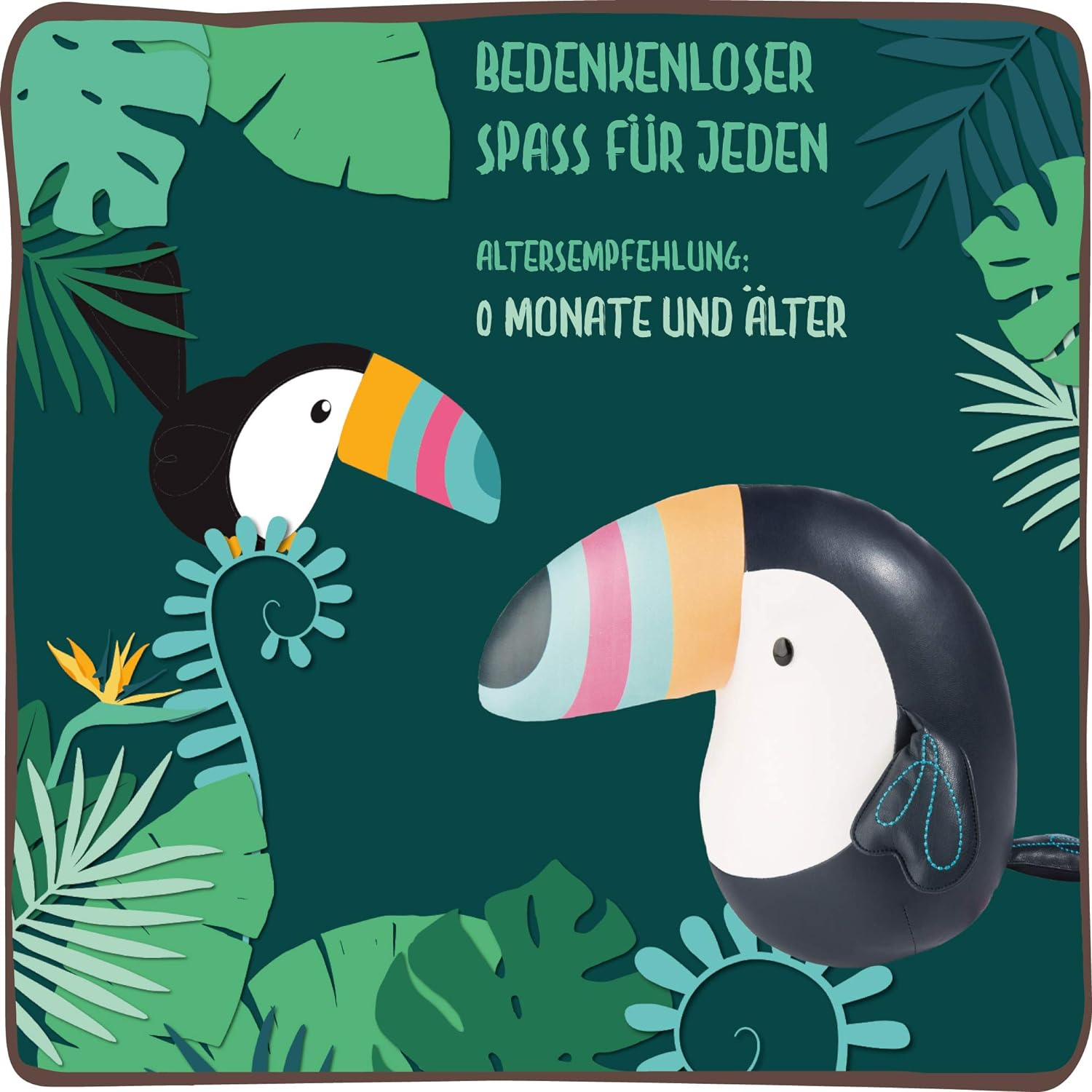 Zwei Tukane auf dunklem grünen Hintergrund mit Blättern, Text: Gedankenloser Spaß für alle.