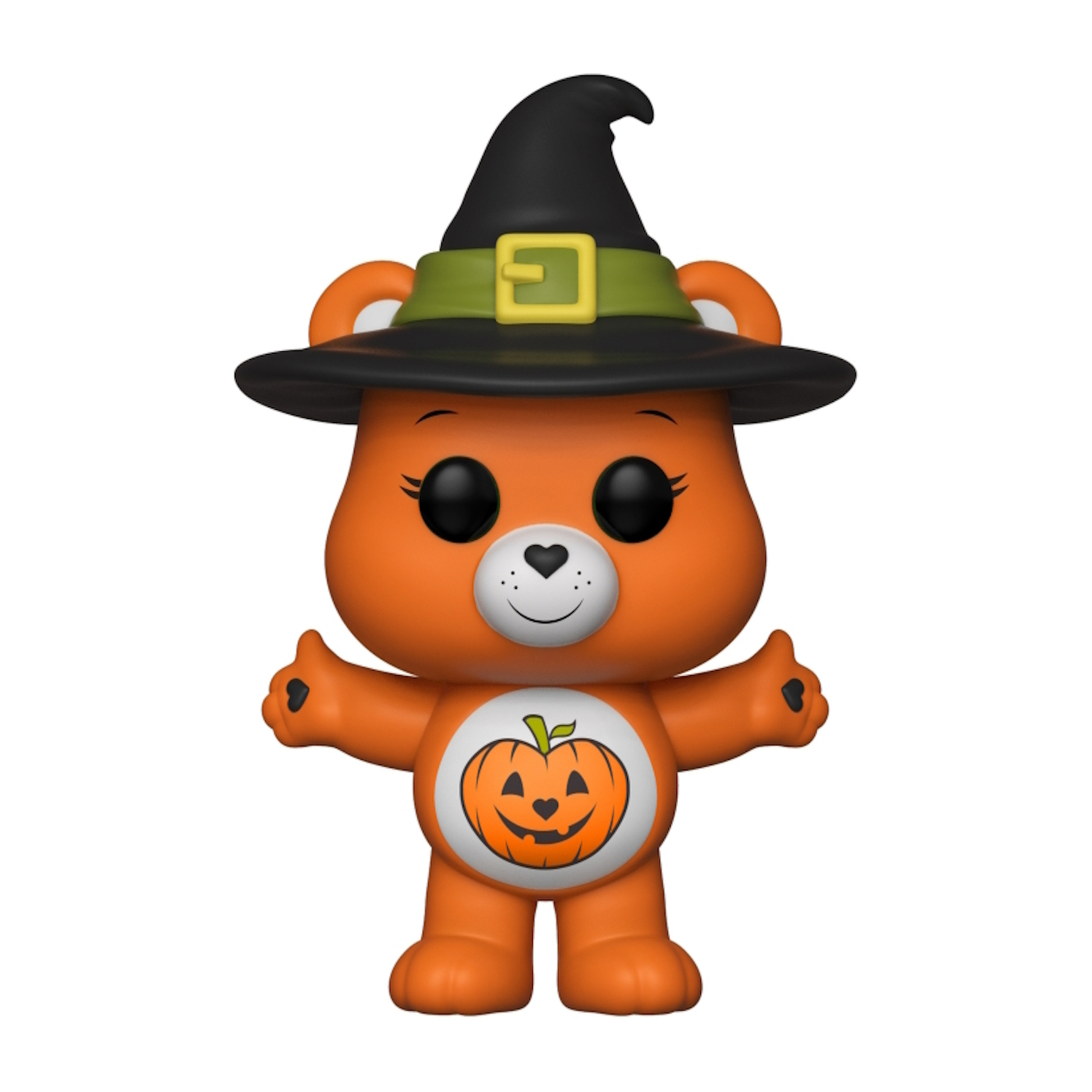 Ein orangefarbener Care Bear Funko Pop mit Hexenhut, mit Kürbisbauch.