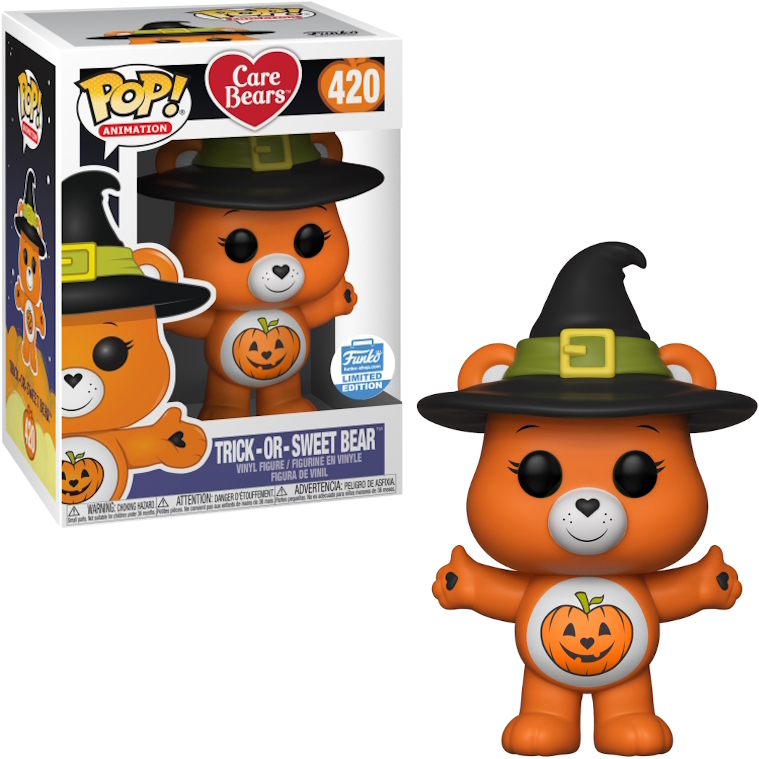 Trick-or-Sweet Bear Funko Pop Figur mit Hexenhut, Kürbis und orange Farbe.