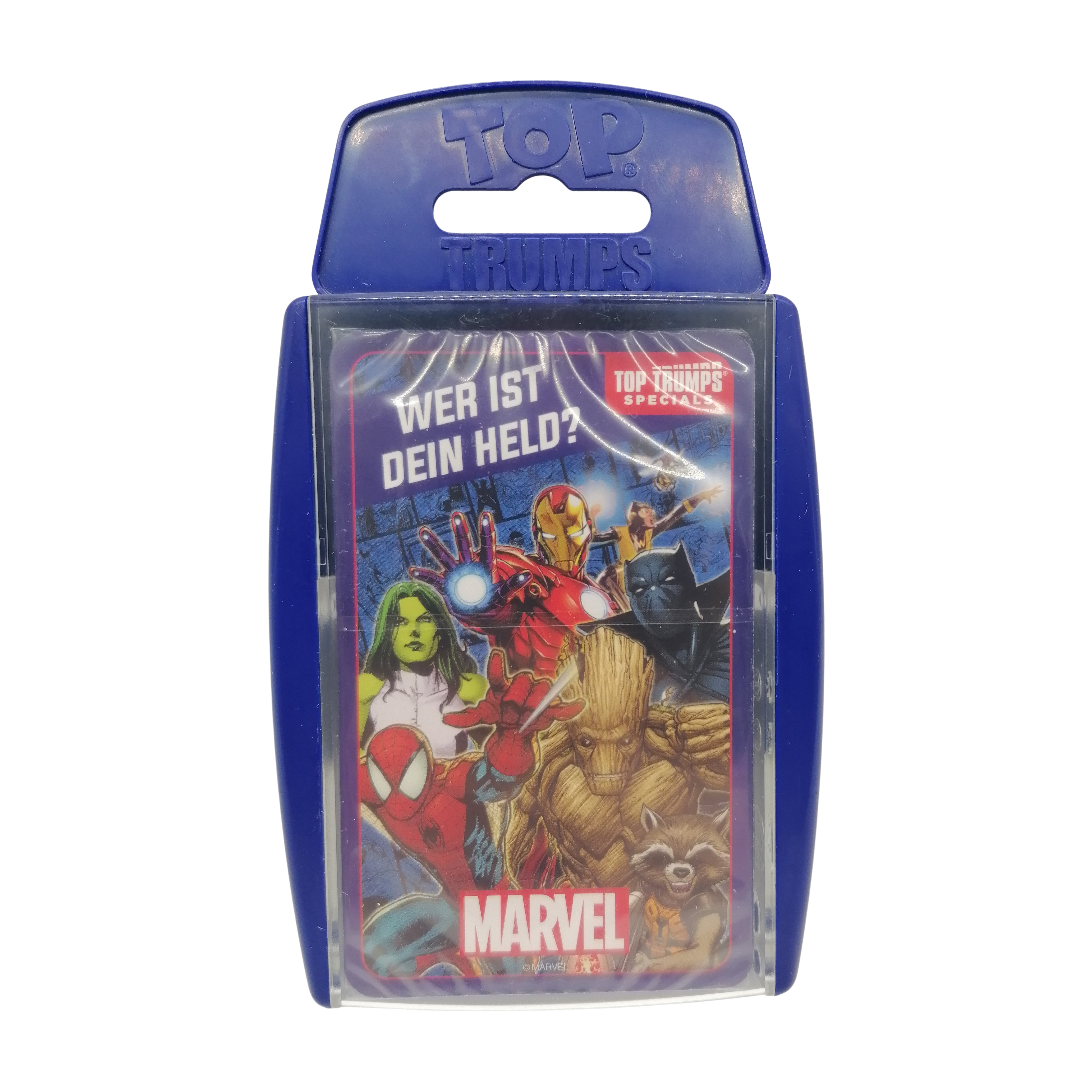 Top Trumps Kartenpackung mit Marvel-Charakteren auf der Vorderseite.