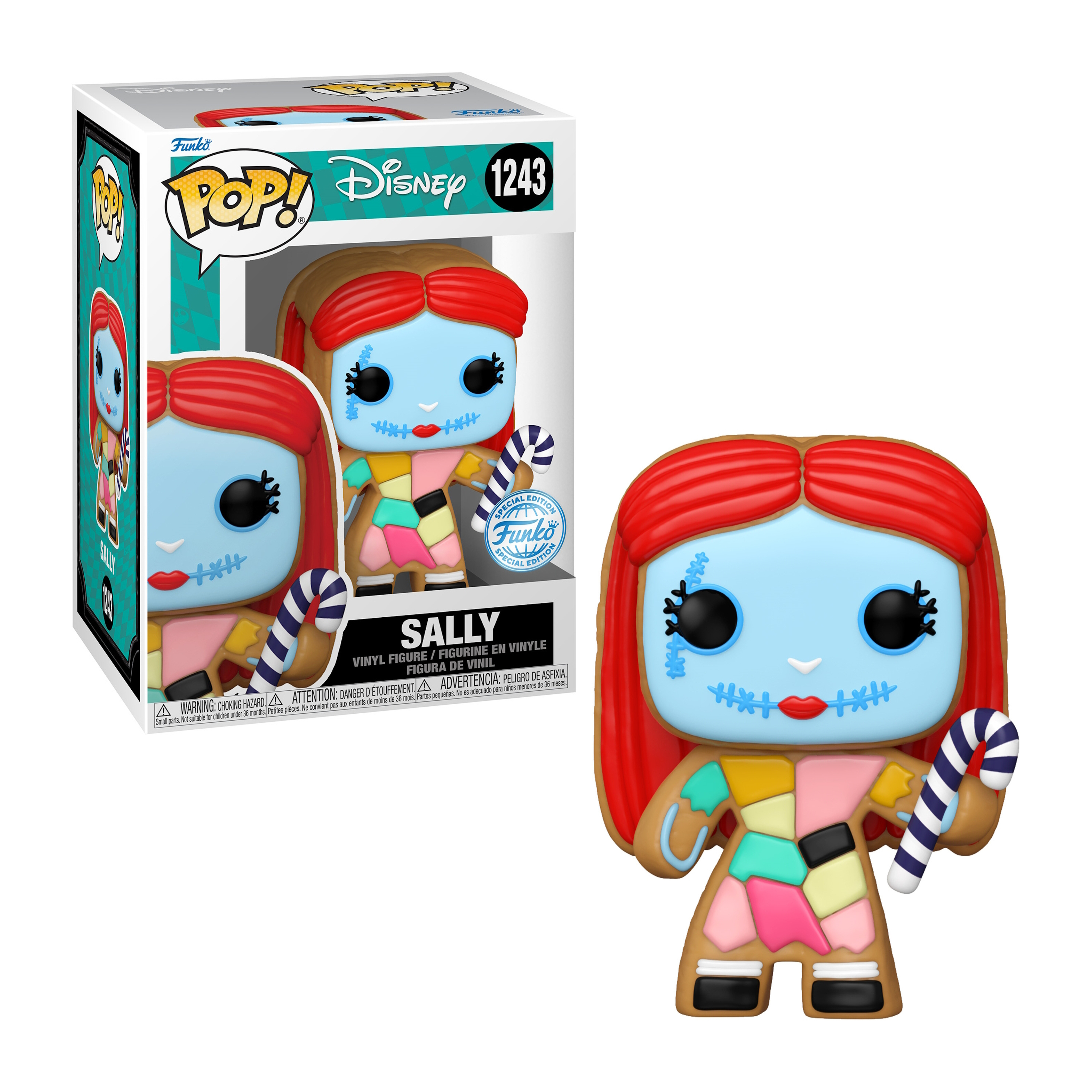 Sally Funko Pop. Die Figur hat ein hellblaues Gesicht und genähte Merkmale. Trägt ein Patchwork-Kleid.