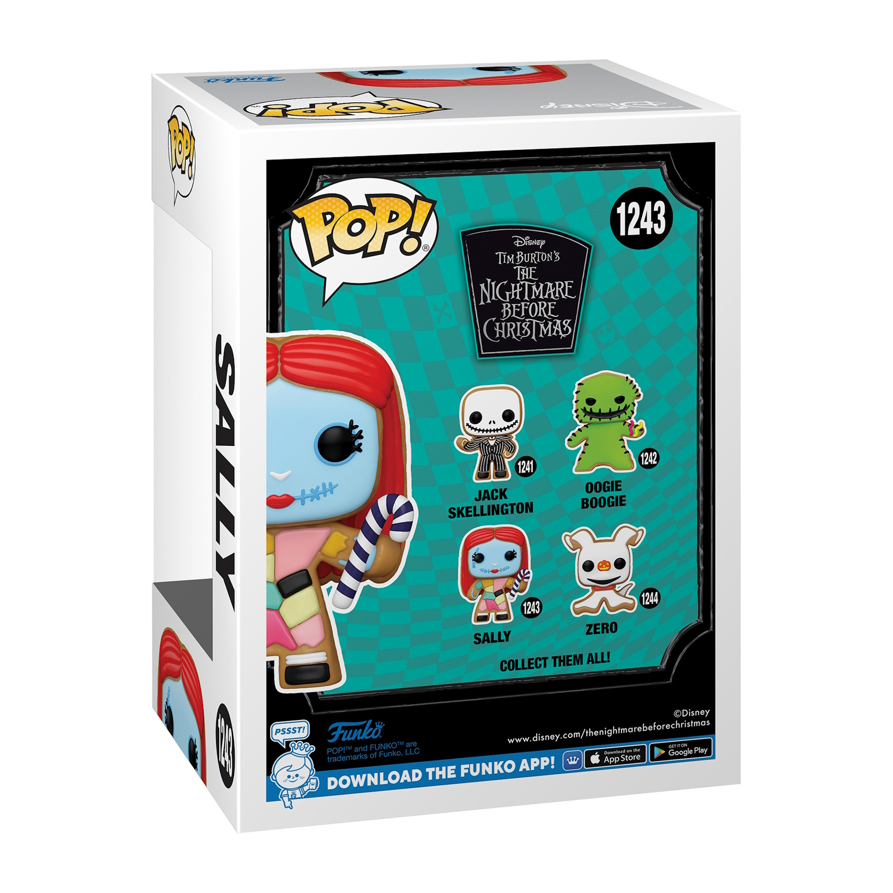 Funko Pop-Box mit Sally aus The Nightmare Before Christmas, mit anderen aufgeführten Charakteren.