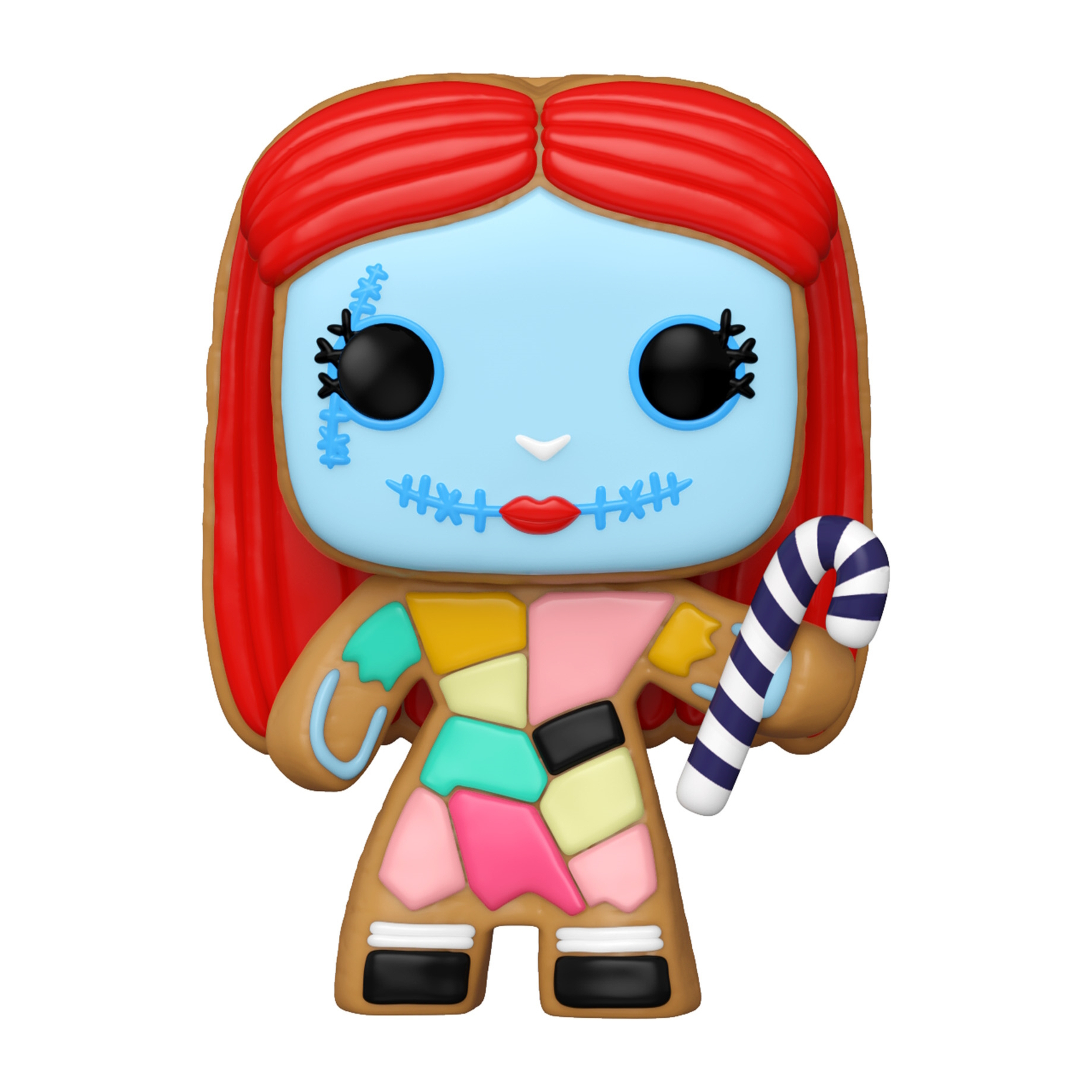 Sally-Figur im Lebkuchenstil. Blaue Haut, rotes Haar und Nahtdetails. Hält eine Zuckerstange. Braunes Lebkuchen.