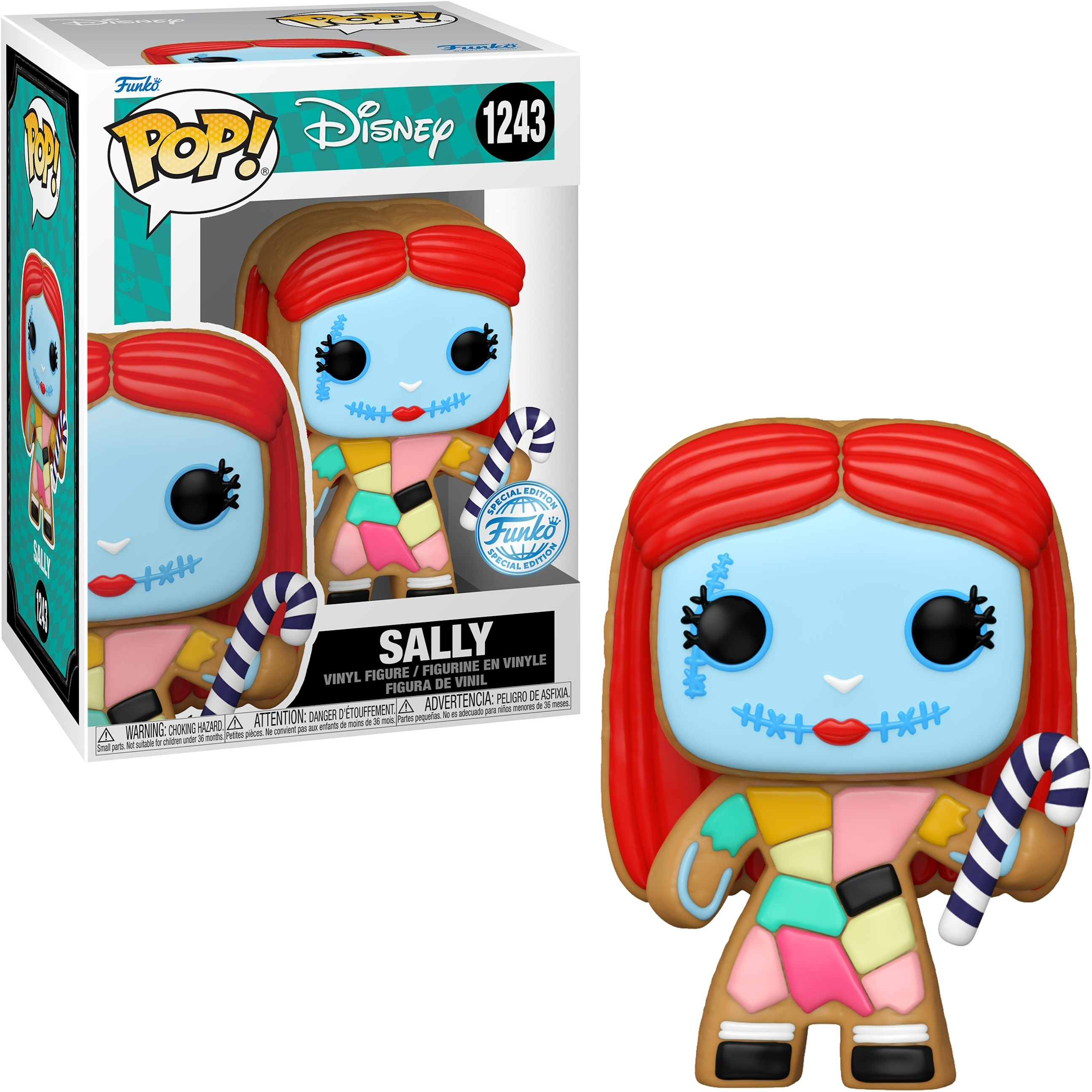 Funko Pop! Figur von Sally aus Nightmare Before Christmas, hält eine Zuckerstange.
