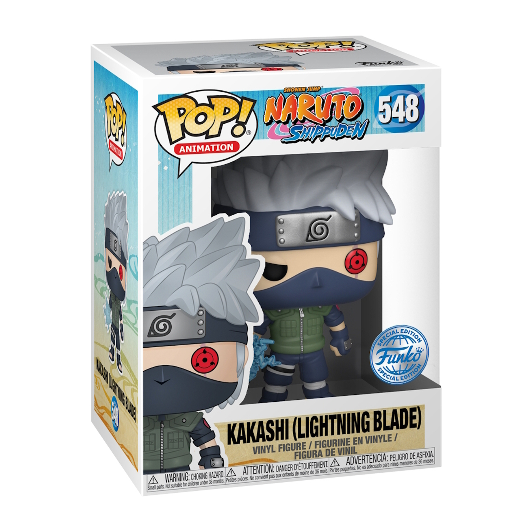 Figura Kakashi (Lightning Blade) Funko Pop in scatola. Figura bianca e nera, occhio Sharingan blu.