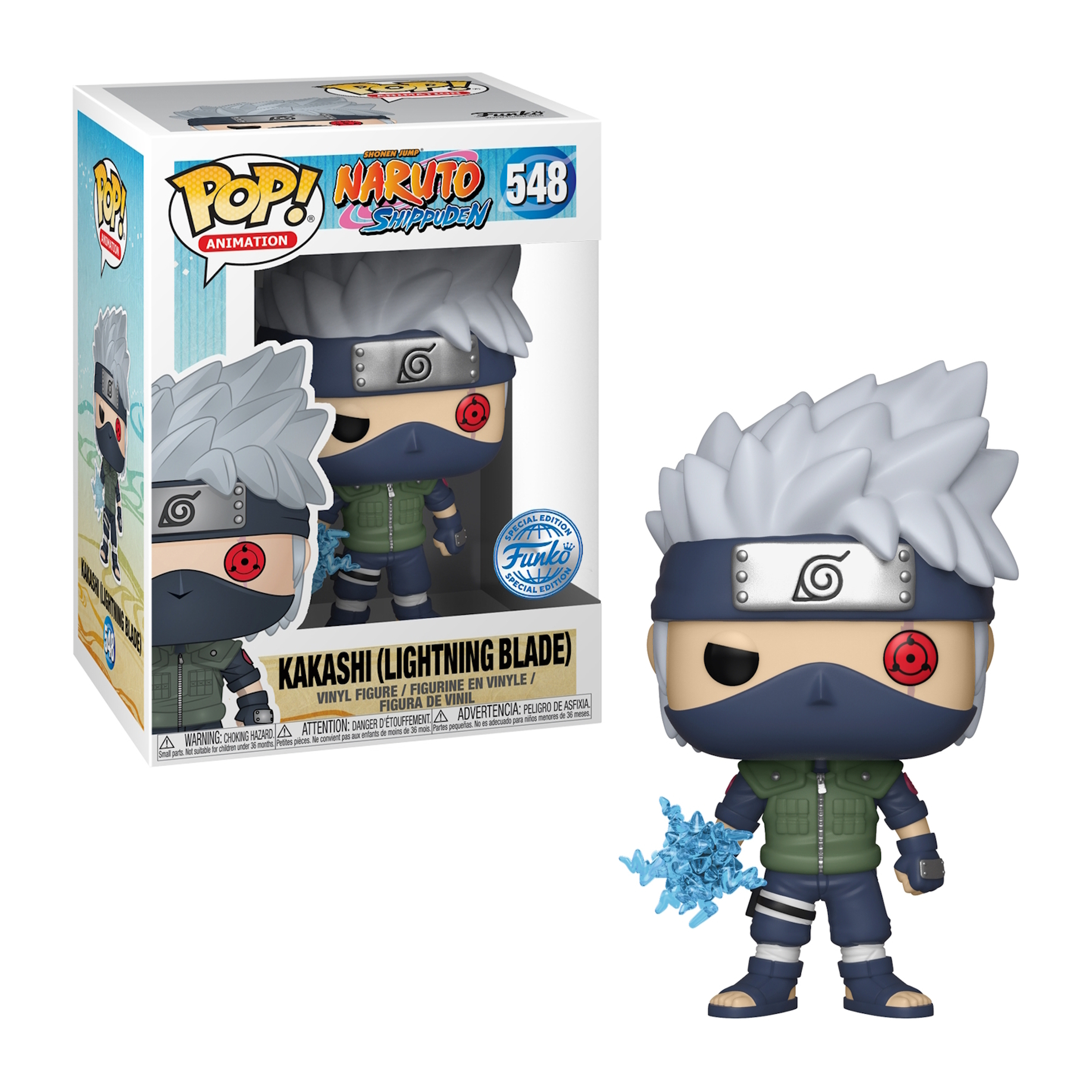 Figura Kakashi (Lightning Blade) Funko Pop in scatola. La figura è in abito ninja con effetto energia blu.