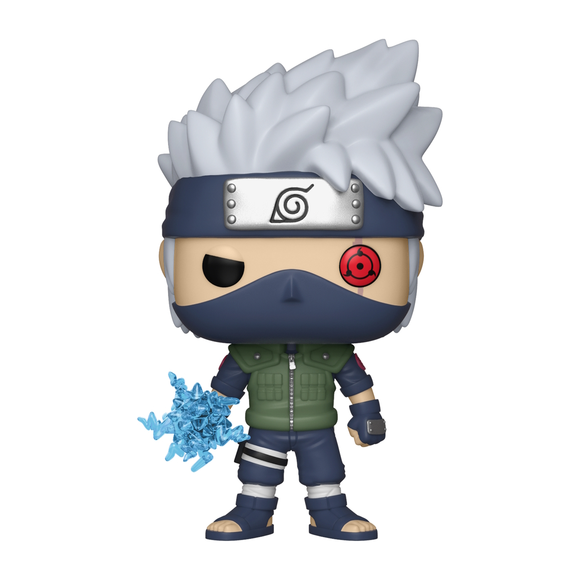Figura Funko Pop di Kakashi. Ha capelli bianchi, una fascia e un effetto energia blu in mano.
